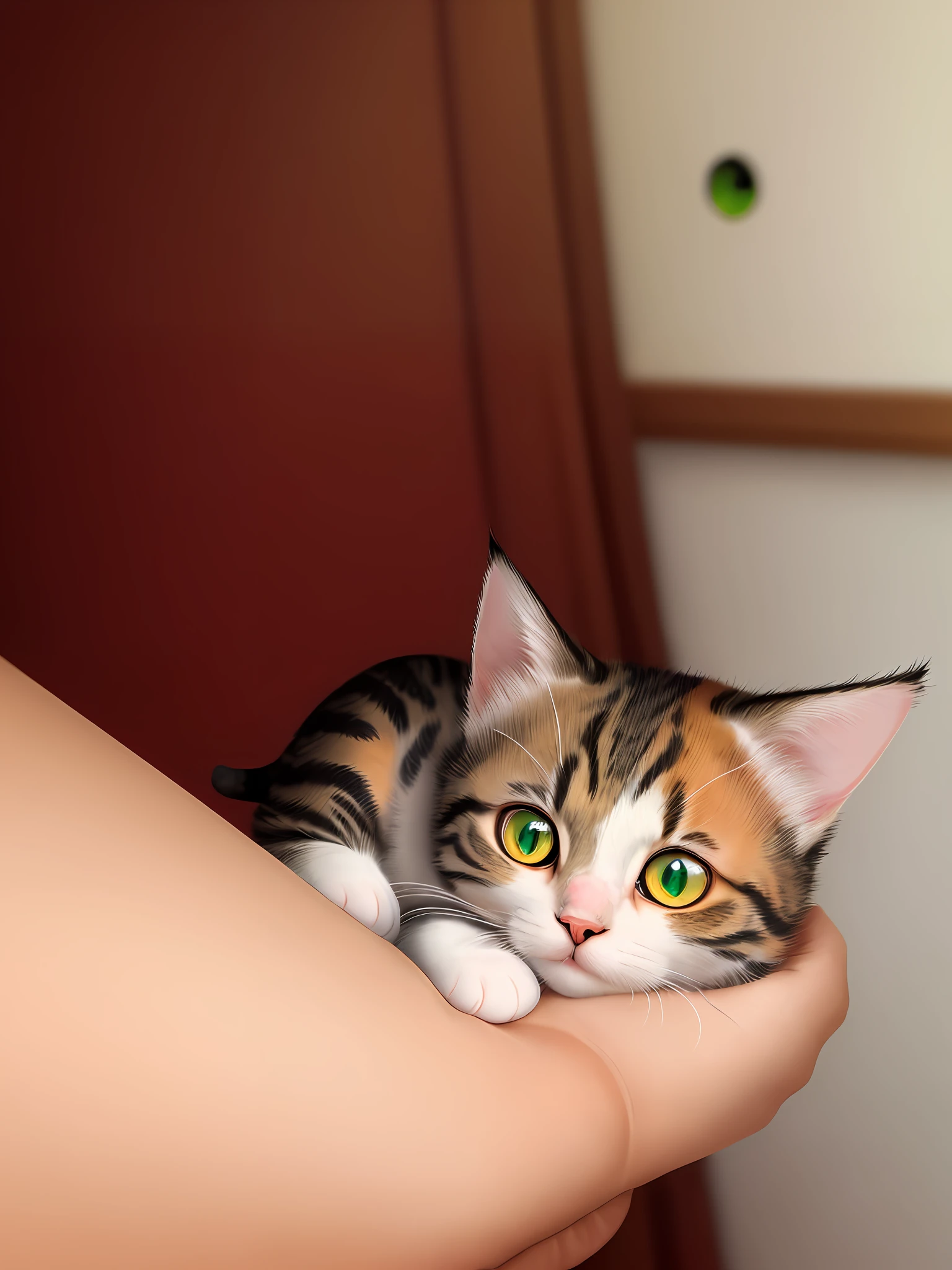 Cute cat, gorgeous cat, half orange face, green eye, left tip of nose with black spot, nose with black dot