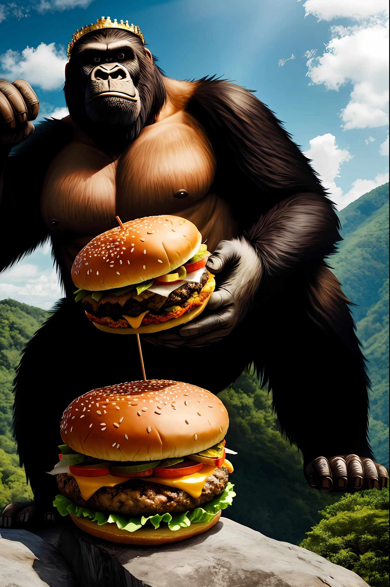 King Kong climbing on the giant cheeseburger, mega detailed, hyper realistic, in hd, 8k