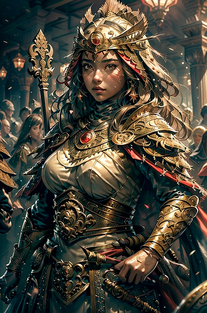 ((masterpiece))), (((best quality))), ((ultra-detailed)), (hyperrealistic), (highly detailed CG illustration), cinematic light, photorealistic ,extremely beautiful young lady, light makeup, big breast,  intricate detailed eaba, red cape, spear