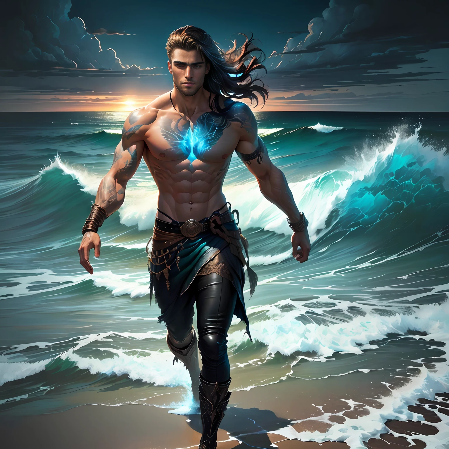 Hyper realistic painting of a chiseled handsome man in the style of Becky Cloonan,, looking at the viewer, full body, dramatic lighting, tumblr, fantasy art, very masculine, strong and handsome, luminous sky, ocean view