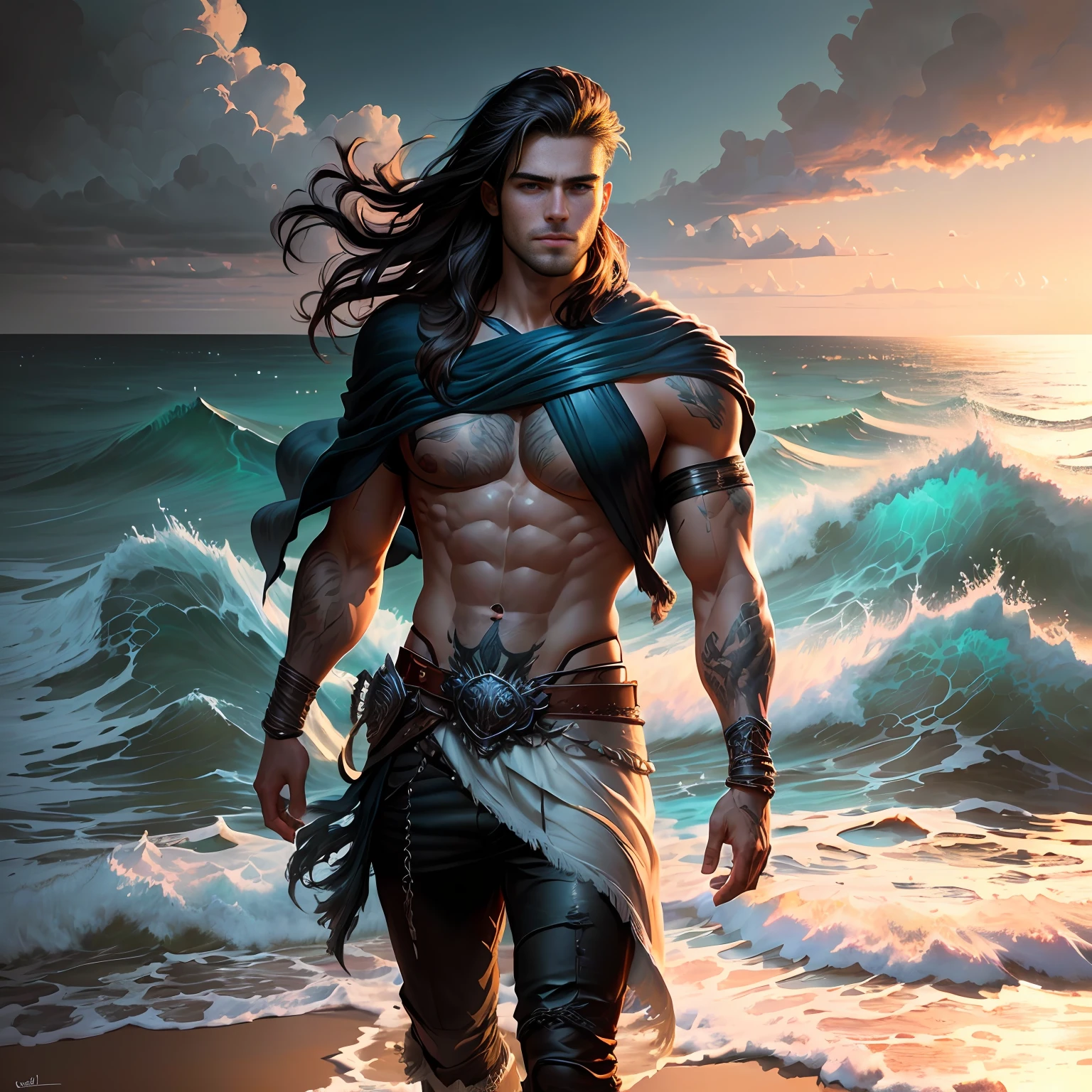 Hyper realistic painting of a chiseled handsome man in the style of Becky Cloonan,, looking at the viewer, full body, dramatic lighting, tumblr, fantasy art, very masculine, strong and handsome, luminous sky, ocean view