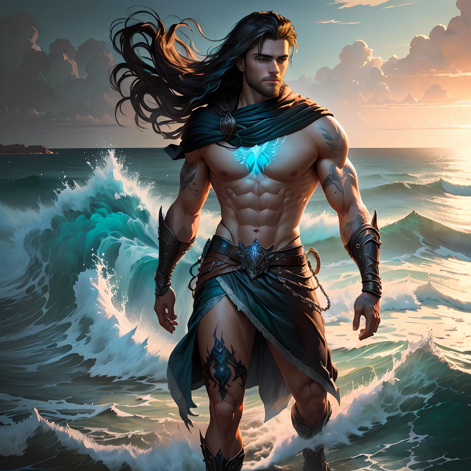 Hyper realistic painting of a chiseled handsome man in the style of Becky Cloonan,, looking at the viewer, full body, dramatic lighting, tumblr, fantasy art, very masculine, strong and handsome, luminous sky, ocean view