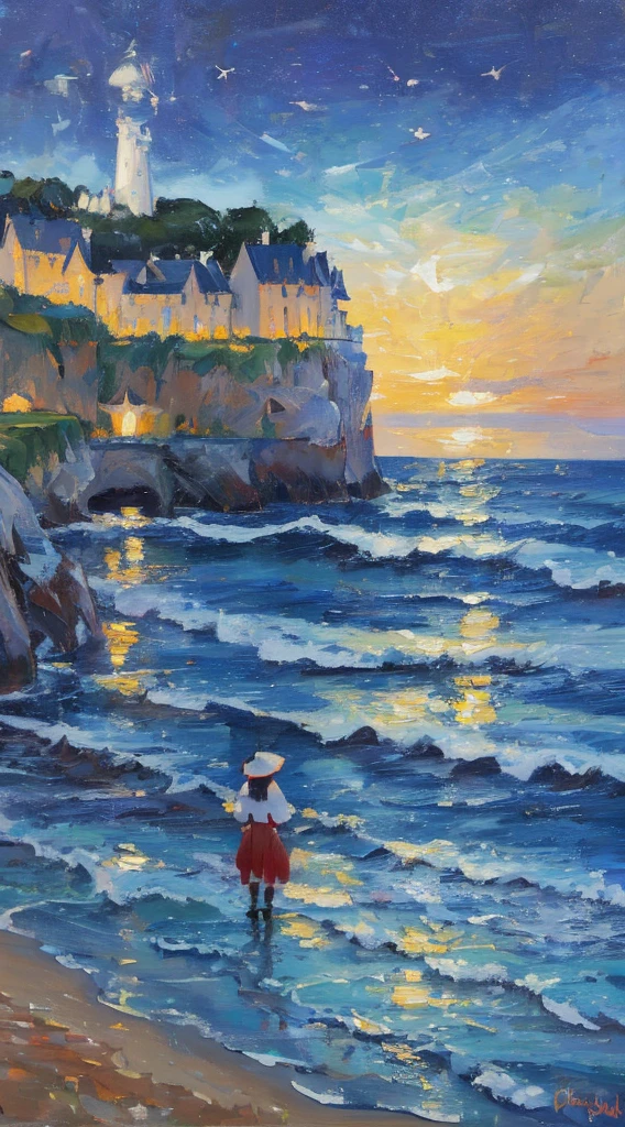 painting of a person walking on the beach with a red umbrella, steve henderson, inspired by mark keathley, inspired by Jean Béraud, near the seashore, beside the sea, in style of steve henderson, inspired by Delphin Enjolras, inspired by Laurits Tuxen, magali villeneuve and monet, on the coast, romantic painting