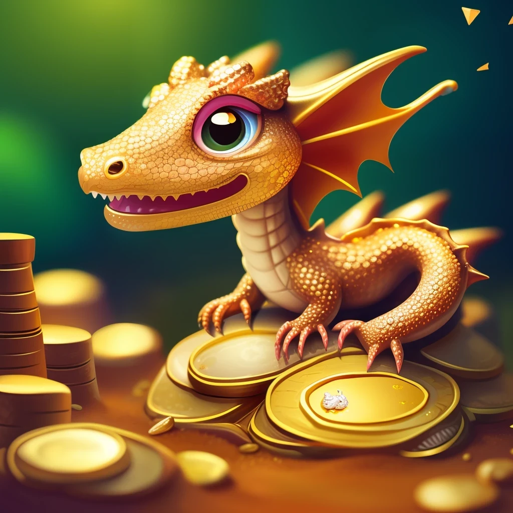 a cute dragon lies around an anthill piled up with gold coins, diamonds, jewels, and other treasure