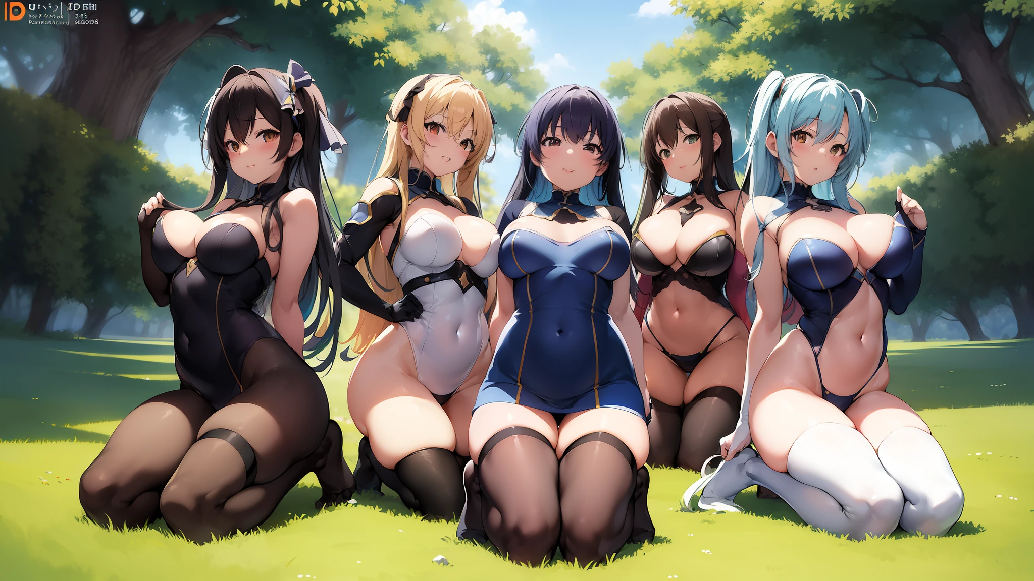 A drawing of a group of women kneeling side by side, Varied pose, Small curvy , ECCHI anime style, Ecchi, full body fun pose,finish drawing,enhance details, paint it with vivid colors, color it,enhance drawing,8k,enhance quality,masterpiece,high resolution,anatomically correct,UHD,super detail