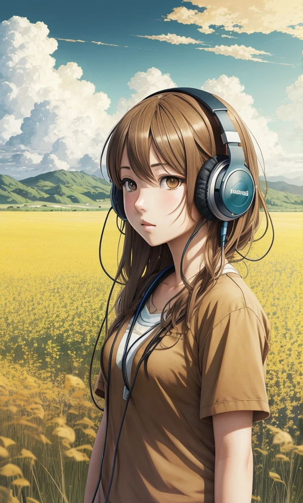 an anime girl wearing headphones and standing in a field, in the style of realistic hyper-detailed portraits, cabincore, earthy colors, ambitious, dinopunk, atmospheric clouds, bold, manga-inspired characters
