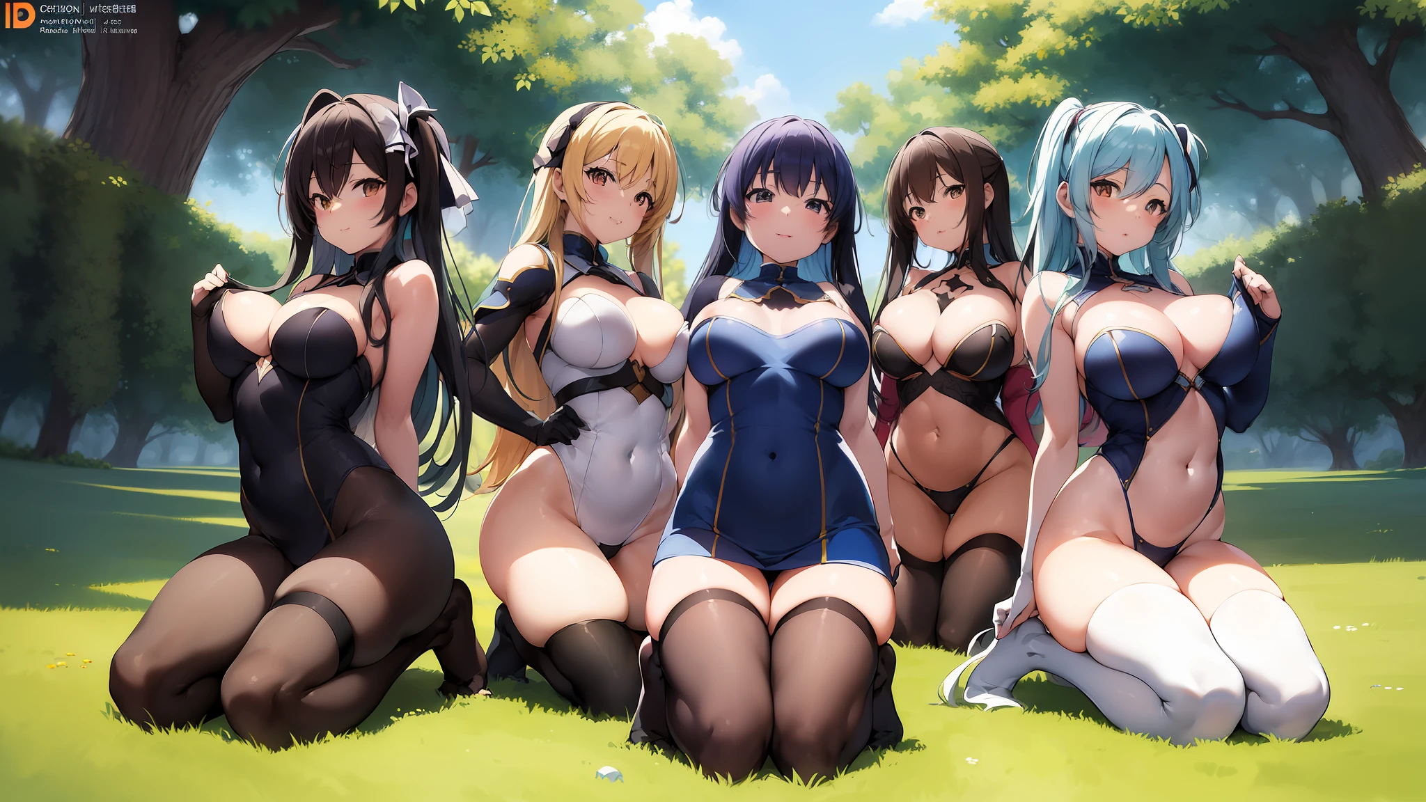 A drawing of a group of women kneeling side by side, Varied pose, Small curvy loli, ECCHI anime style, Ecchi, full body fun pose,finish drawing,enhance details, paint it with vivid colors, color it,enhance drawing,8k,enhance quality,masterpiece,high resolution,anatomically correct,UHD,super detail