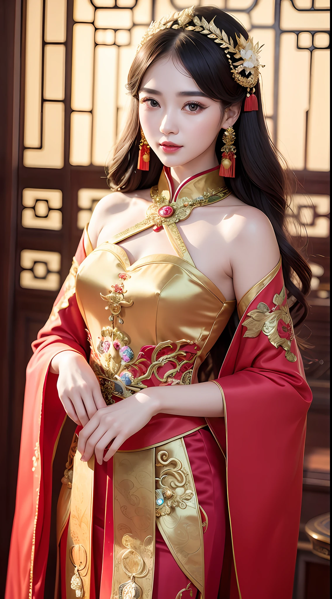 (8k, RAW Photo, Best Quality, Masterpiece: 1.2), (Realistic, Realistic: 1.37), 1 Girl, Arapei Woman Posing for Photo in Colorful Dress and Headdress, Gorgeous Role Play, Beautiful Costume, Intricate Fantasy Dress, Beautiful Fantasy Queen, Chinese Dress, Complex Dress, Complex Costume, Traditional Beauty, Gorgeous Chinese Model, Chinese Costume, Inspired by Lanying, Wearing Gorgeous Costume, Inspired by Puhua, Wearing Elegant Chinese Xiuhe Dress