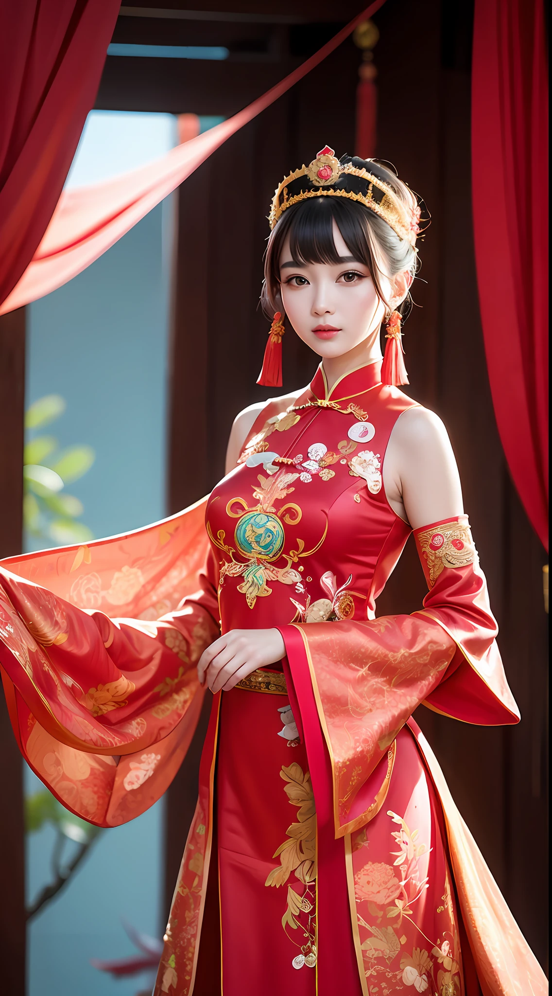 (8k, RAW Photo, Best Quality, Masterpiece: 1.2), (Realistic, Realistic: 1.37), 1 Girl, Aalfi woman posing in colorful dress and headdress posing for photoshooting, gorgeous cosplay, beautiful costume, complex fantasy dress, beautiful fantasy queen, Chinese dress, complex dress, complex costume, traditional beauty, gorgeous Chinese model, Chinese costume, inspired by Lanying, wearing gorgeous costume, inspired by Puhua, wearing elegant Chinese Xiuhe dress, Chinese wedding dress , Phoenix Guanxia Curtain, antique bride