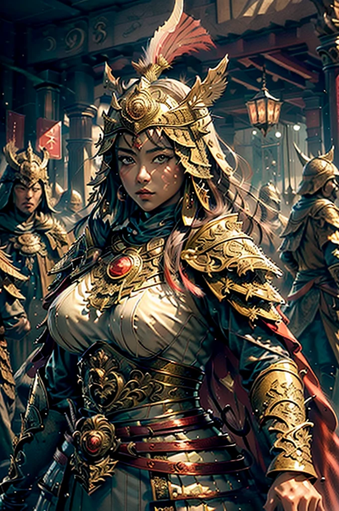 ((masterpiece))), (((best quality))), ((ultra-detailed)), (hyperrealistic), (highly detailed CG illustration), cinematic light, photorealistic ,extremely beautiful young lady, light makeup, big breast, intricate detailed eaba, red cape, spear