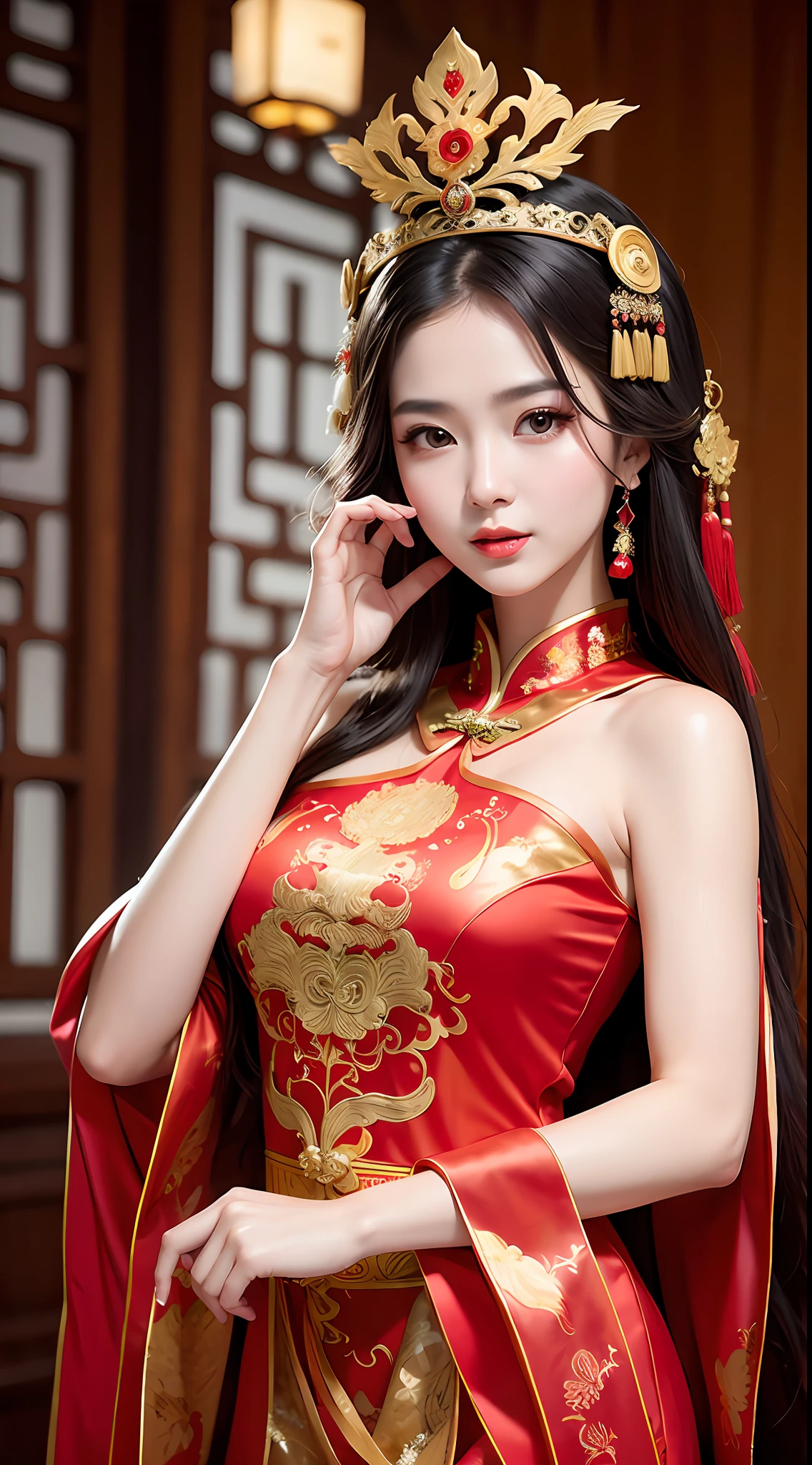 (8k, RAW Photo, Best Quality, Masterpiece: 1.2), (Realistic, Realistic: 1.37), 1 Girl, Aalfi Woman Posing for Photo in Red Dress and Headdress, Gorgeous Role Play, Beautiful Costume, Complex Fantasy Dress, Beautiful Fantasy Queen, Chinese Dress, Complex Dress, Complex Costume, Traditional Beauty, Gorgeous Chinese Model, Chinese Costume, Inspired by Lan Ying, Wearing Gorgeous Costume, Inspired by Puhua, wearing elegant Chinese Xiuhe dress, Chinese wedding dress, Phoenix crown Xia hand, antique bride