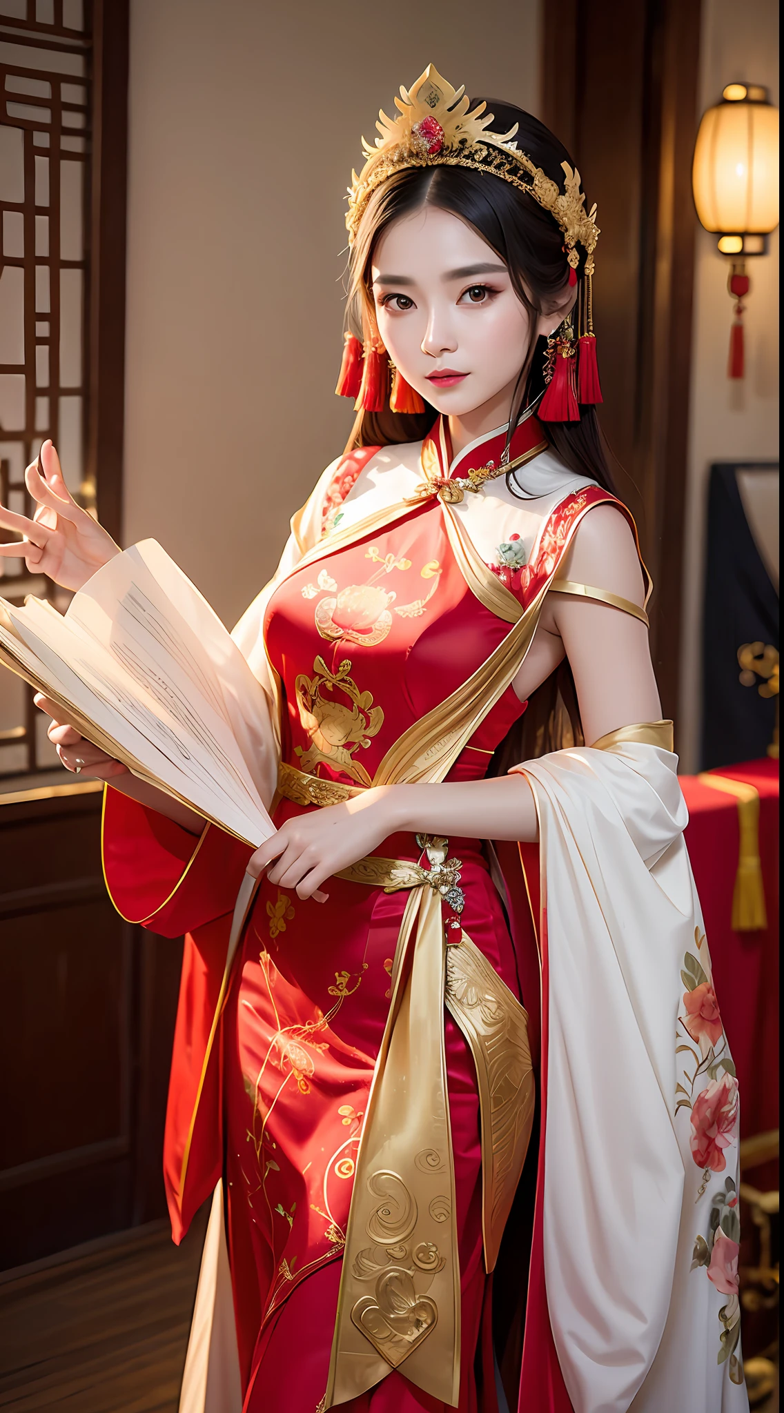 (8k, RAW Photo, Best Quality, Masterpiece: 1.2), (Realistic, Realistic: 1.37), 1 Girl, Aalfi Woman Posing for Photo in Red Dress and Headdress, Gorgeous Role Play, Beautiful Costume, Complex Fantasy Dress, Beautiful Fantasy Queen, Chinese Dress, Complex Dress, Complex Costume, Traditional Beauty, Gorgeous Chinese Model, Chinese Costume, Inspired by Lan Ying, Wearing Gorgeous Costume, Inspired by Puhua, wearing elegant Chinese Xiuhe dress, Chinese wedding dress, Phoenix crown Xia hand, antique bride