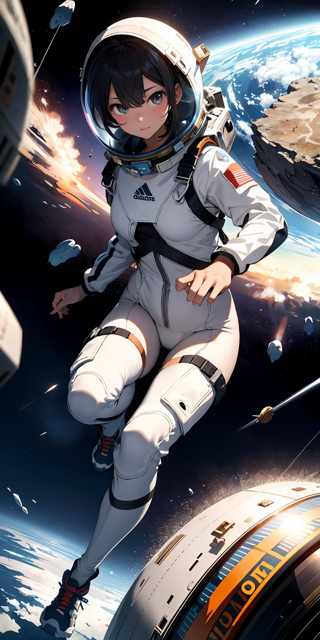 Absurd resolution, high resolution, (masterpiece:1.4), ultra-detailed, 1girl, in spacesuit, seen from above, space, floating, satellite, running pose, wide-angle lens distortion