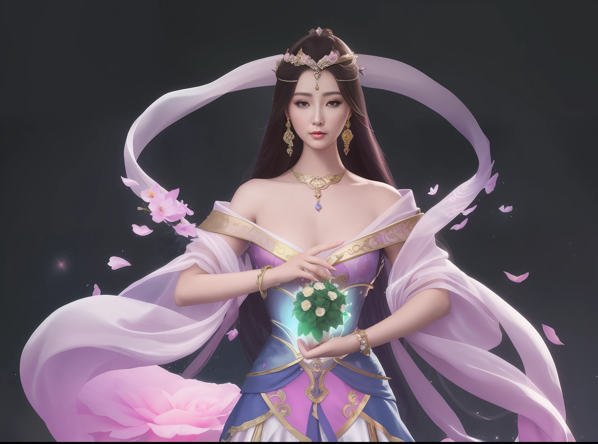a close up of a woman in a dress with a flower in her hand, a beautiful fantasy empress, ((a beautiful fantasy empress)), beautiful celestial mage, beautiful and elegant elf queen, beautiful character painting, full body xianxia, portrait knights of zodiac girl, by Yang J, g liulian art style, fantasy art style