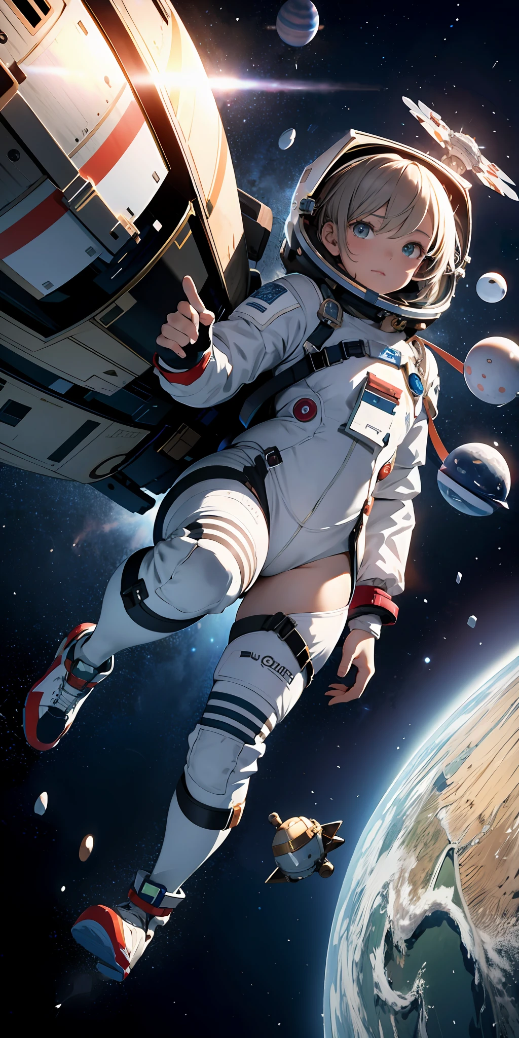 Absurd resolution, high resolution, (masterpiece:1.4), ultra-detailed, 1girl, in spacesuit, seen from above, space, floating, satellite, running pose, wide-angle lens distortion