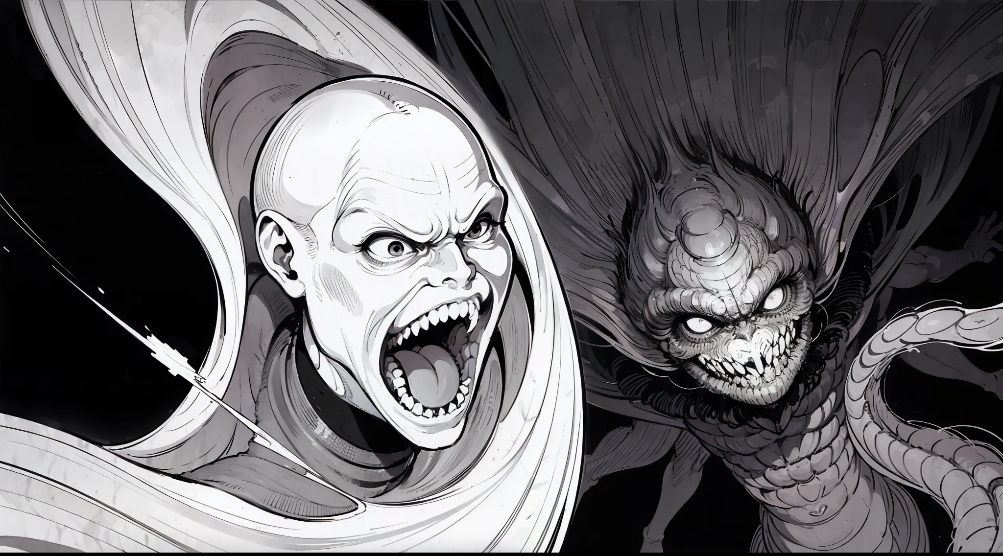 a black and white drawing of a monster attacking a man, a manga drawing by Junji Ito, deviantart contest winner, underground comix, official art, black background, cosmic horror