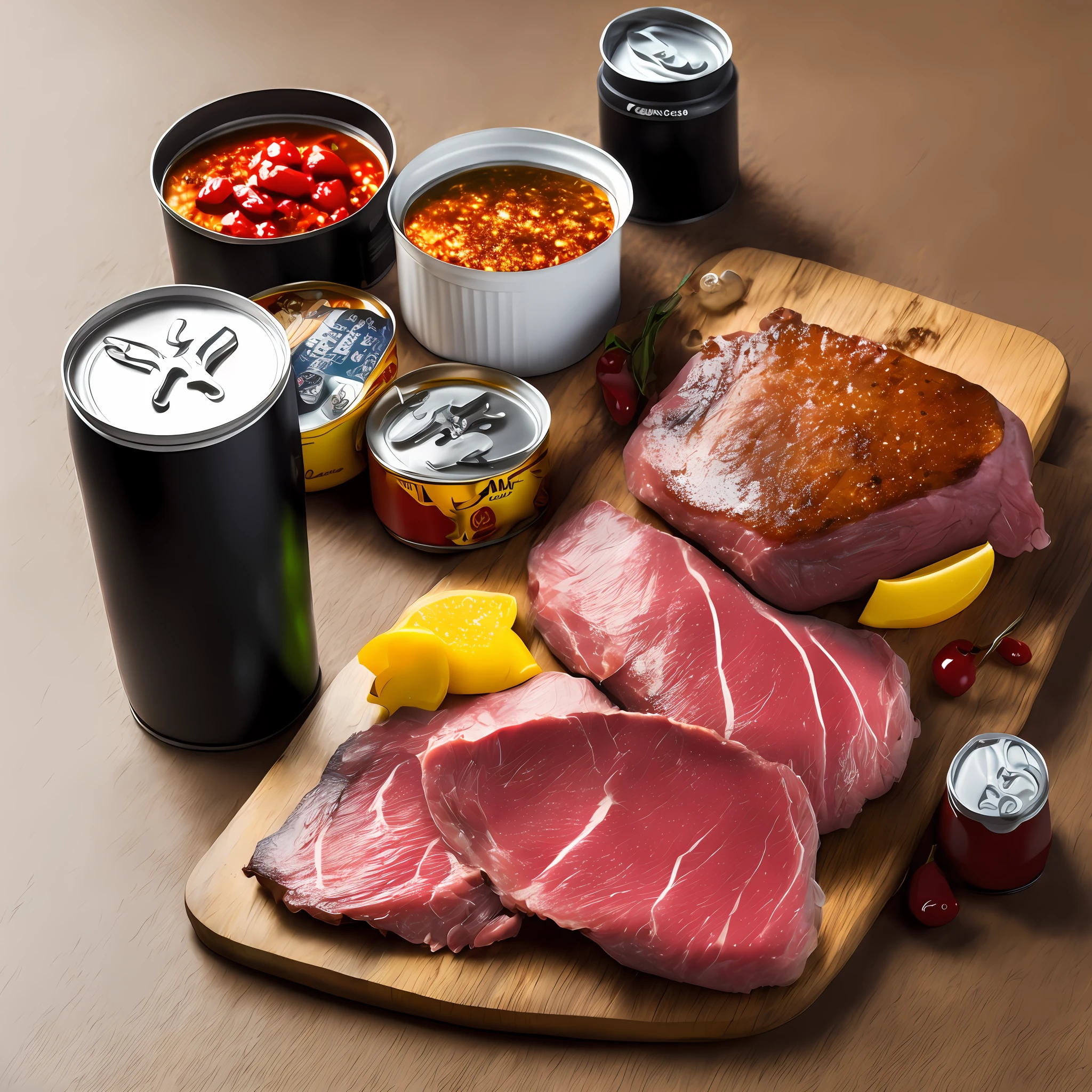 A board with two pieces of picanha and a can of coke, ultra-realistic in full hd