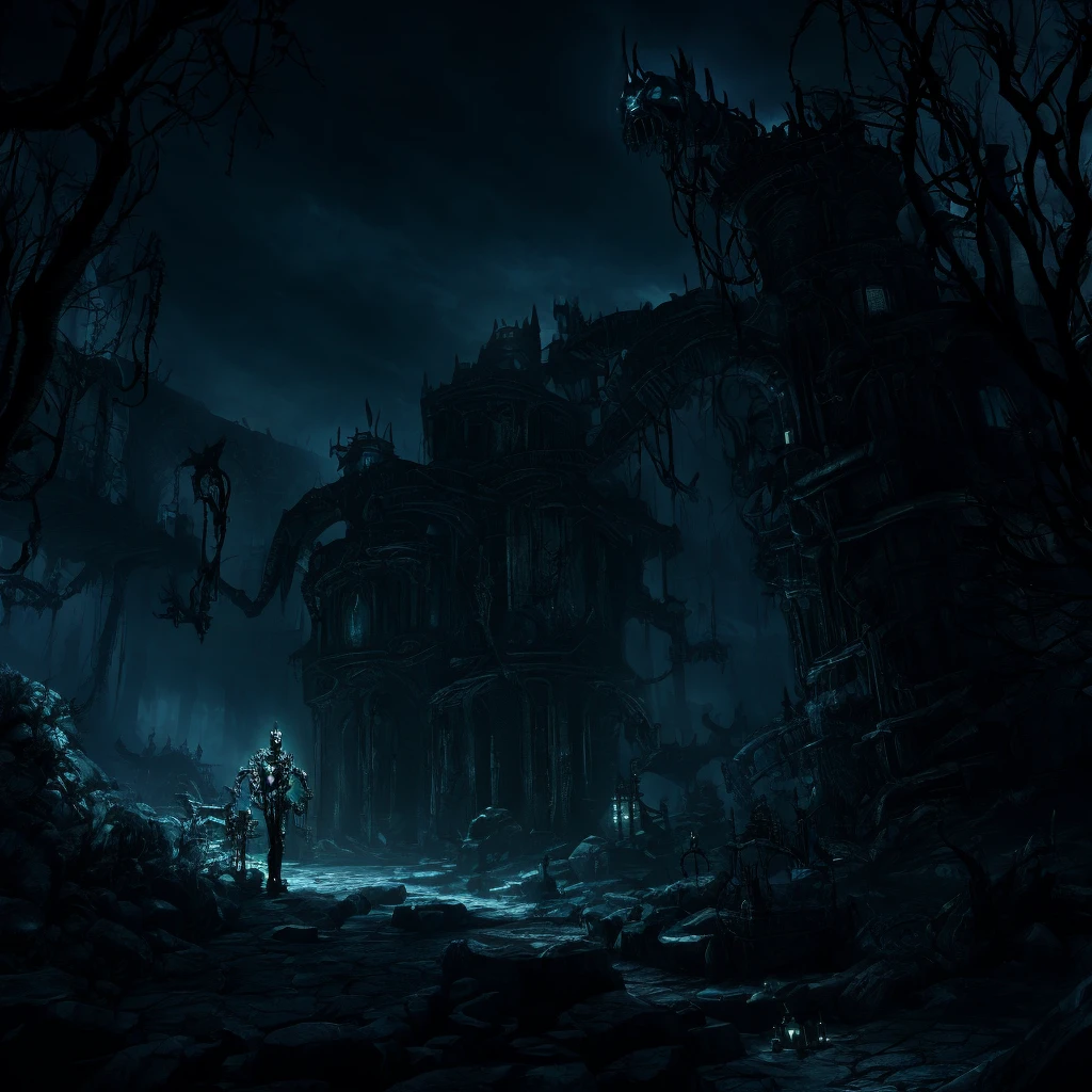 Create a hauntingly detailed mechanical horror with morphing, flowing, and living metal. Set in a dreadful atmosphere with dark illumination and the best shadow effects possible, bring to life a body made of sharp blades, bright highlights