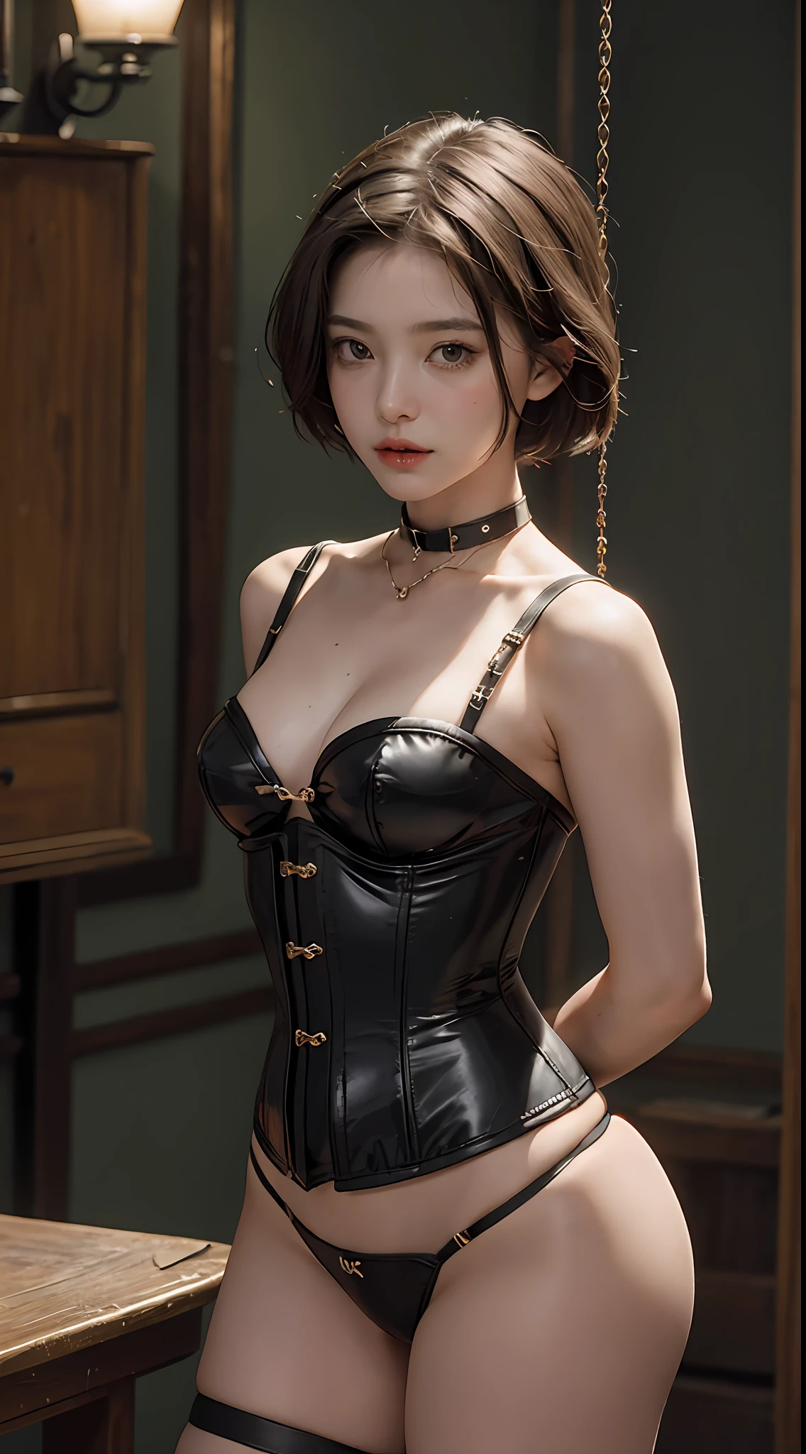 (Best Quality, Masterpiece: 1.1), (Fidelity: 1.4), 1 Girl, Upper Body, Very Short Hair, Studio, , slave, Black Corset, Bondage, Slave Chain, Slave Collar, Slave, Panties, Tied Woman, Blindfold