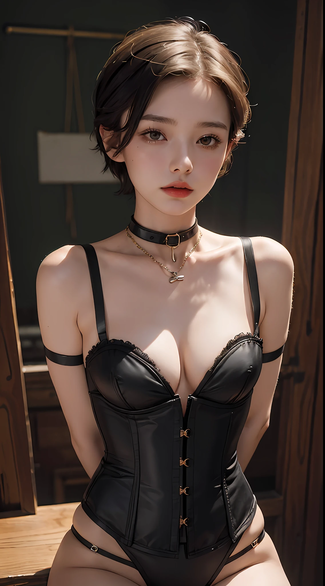 (Best Quality, Masterpiece: 1.1), (Fidelity: 1.4), 1 Girl, Upper Body, Very Short Hair, Studio, BDSM, slave, Black Corset, Bondage, Slave Chain, Slave Collar, Slave, Panties, Tied Woman, Blindfold