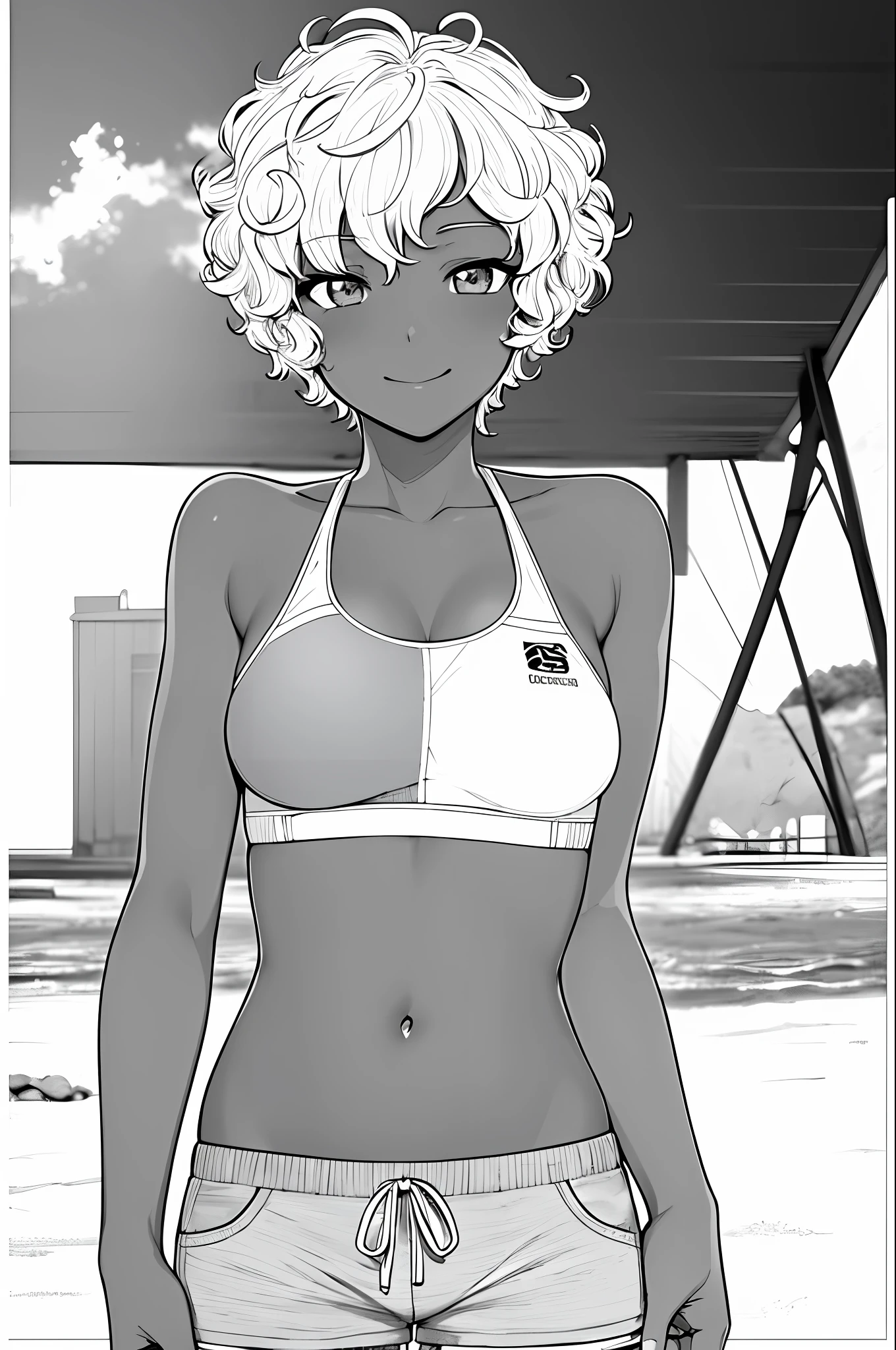 masterpiece, best quality, 1girl, solo, curly_short_hair, looking_at_viewer, smile, Shorts, sports_bra, holding, closed_mouth, Tomboy, dark_skin, blushing, beach, lineart, monochrome,