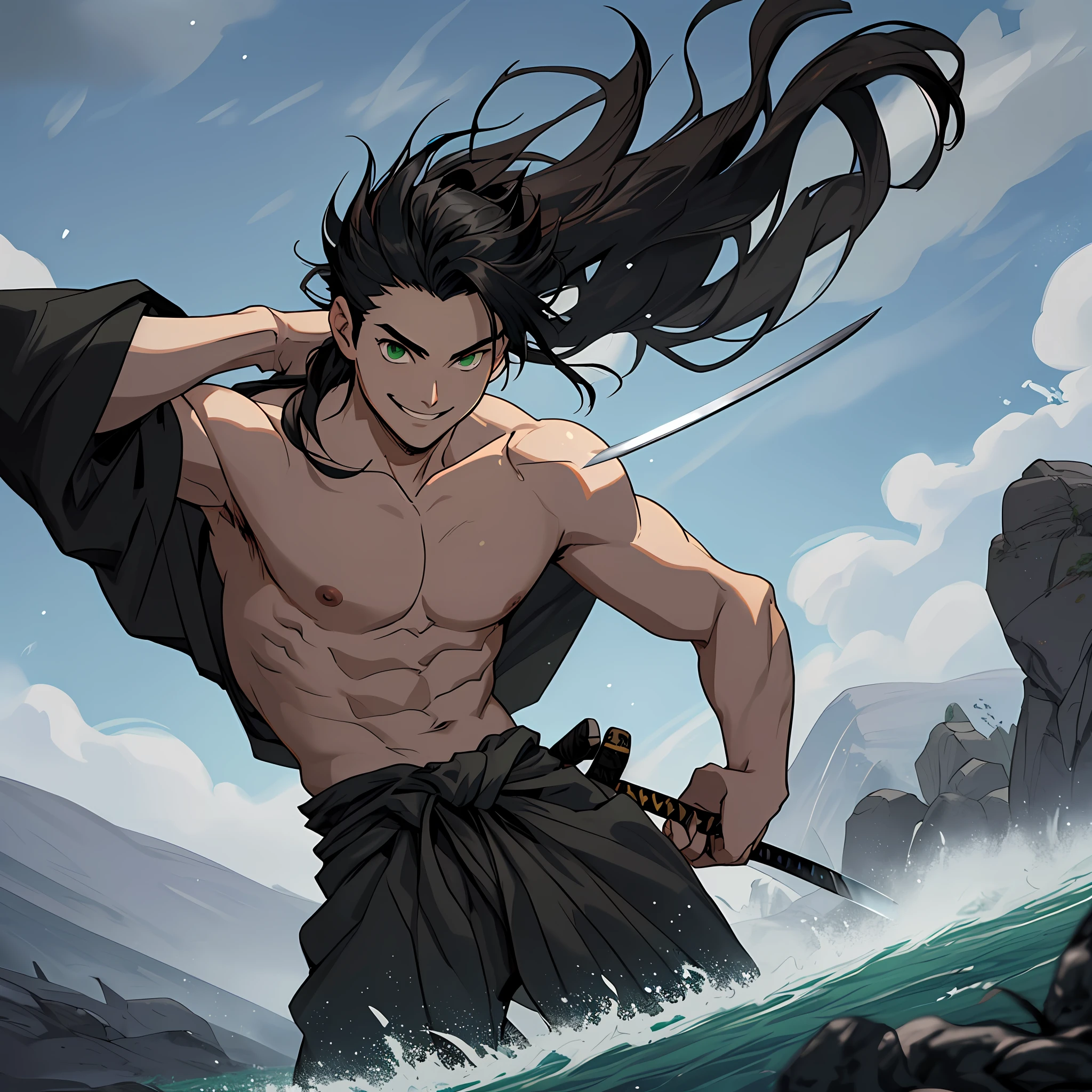 best quality (katana: 1.4), serious,(at night: 1.4), a single -yeld whas his hair black, long that is loose in the wind, his hair is continuous and poured down his body, straight and shiny, which falls gently to the waist. Your hair is thick and has a healthy appearance, your hair is large and not stuck, contrasting with your fair skin. The young man's eyes are deep and emerald green, intense as two light pearls. They reflect calm and an inquisitive curiosity. With his upright posture, the young man shows a confident bearing and a cheerful and hyperactive aura. He is shirtless and underneath wears the underside of a brown, black and light green kimono with details with printed grey clouds, with a large yellow ribbon at his waist, sleeveless, made of a quality fabric. giving him the look of a swordsman. At his waist, he carries a white katana with gray details on the blade. The long, sharp blade is made of polished steel, reflecting light. The katana grip is wrapped in black leather, offering a firm and secure grip. The scabbard of the sword adorned with demonic symbols. He's on a rocky mountain feeling the wind. He has a cheerful face. The trees sway in the background. Kimetsu no Yaiba style, alone, 1boy, a little muscular, demon slayer style, loose hair, petulant look, smiling, confident, only 1, spilled hair, loose and big hair, demon slayer artstyle, full body