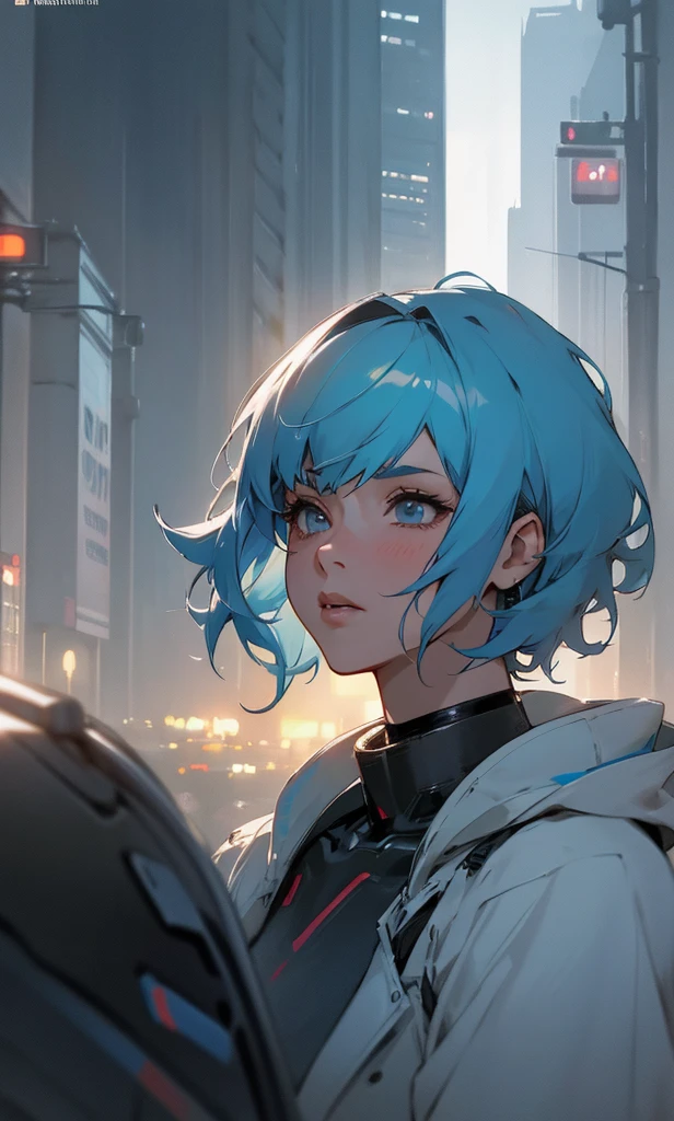 cinematic portrait of a beautiful woman with short curly hair and a man, movie poster style, for a anime cyberpunk film, characters include a man with beard and dark hair, a woman with light blue hair, set 400 years in the future, big city, hyper detailed, anime, in the style of Edgrunner, Blade Runner, Genshin Impact, ultra high definition, hyper textured, cinematic, atmospheric, unreal engine, photorealistic, hyper realistic, volumetric light, cinematic, magical, Atmosphere, photo realistic, unreal engine 32K