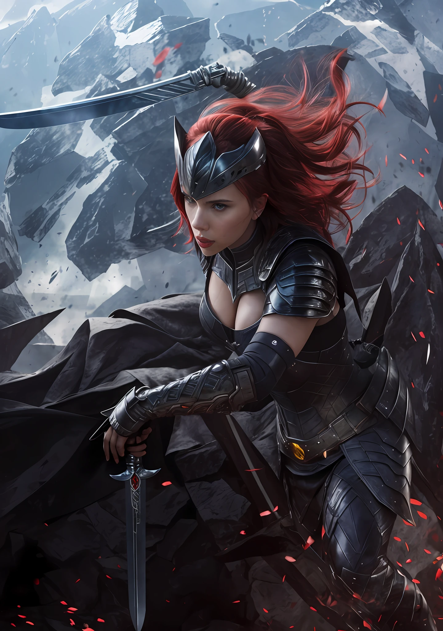 Actress Scarlett Johansson, wine hair, armor, power sword.