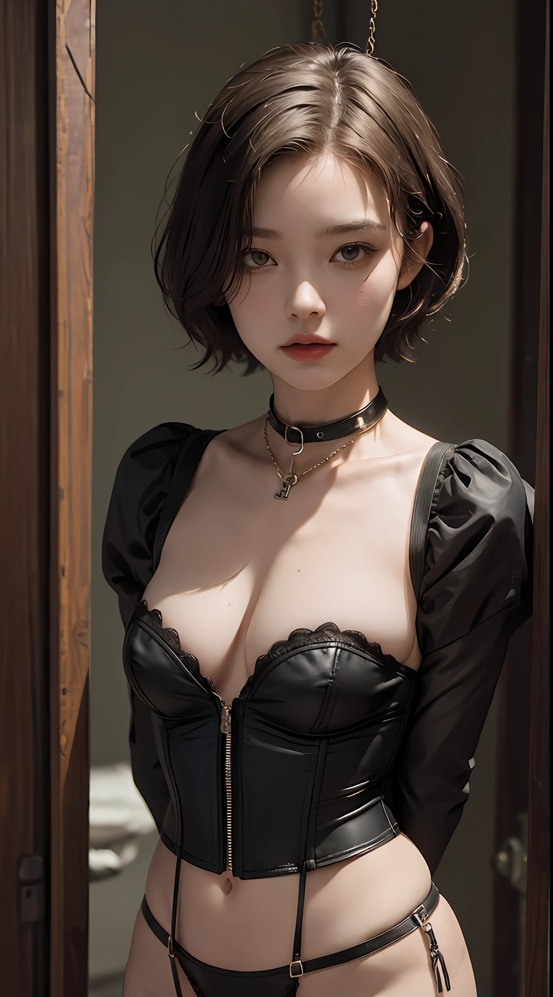 (Best Quality, Masterpiece: 1.1), (Fidelity: 1.4), 1 Girl, Upper Body, Very Short Hair, Studio, BDSM, slave, Black Corset, Bondage, Slave Chain, Slave Collar, Slave, Panties, Woman Tied with Rope, Blindfold, Handcuffs