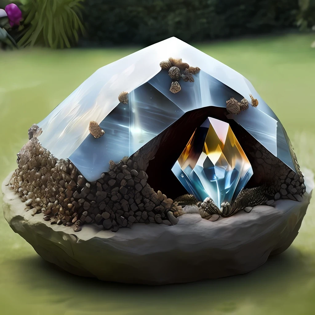 A large crystal stone in an anthill, the bottom is a lawn. Photorealistic