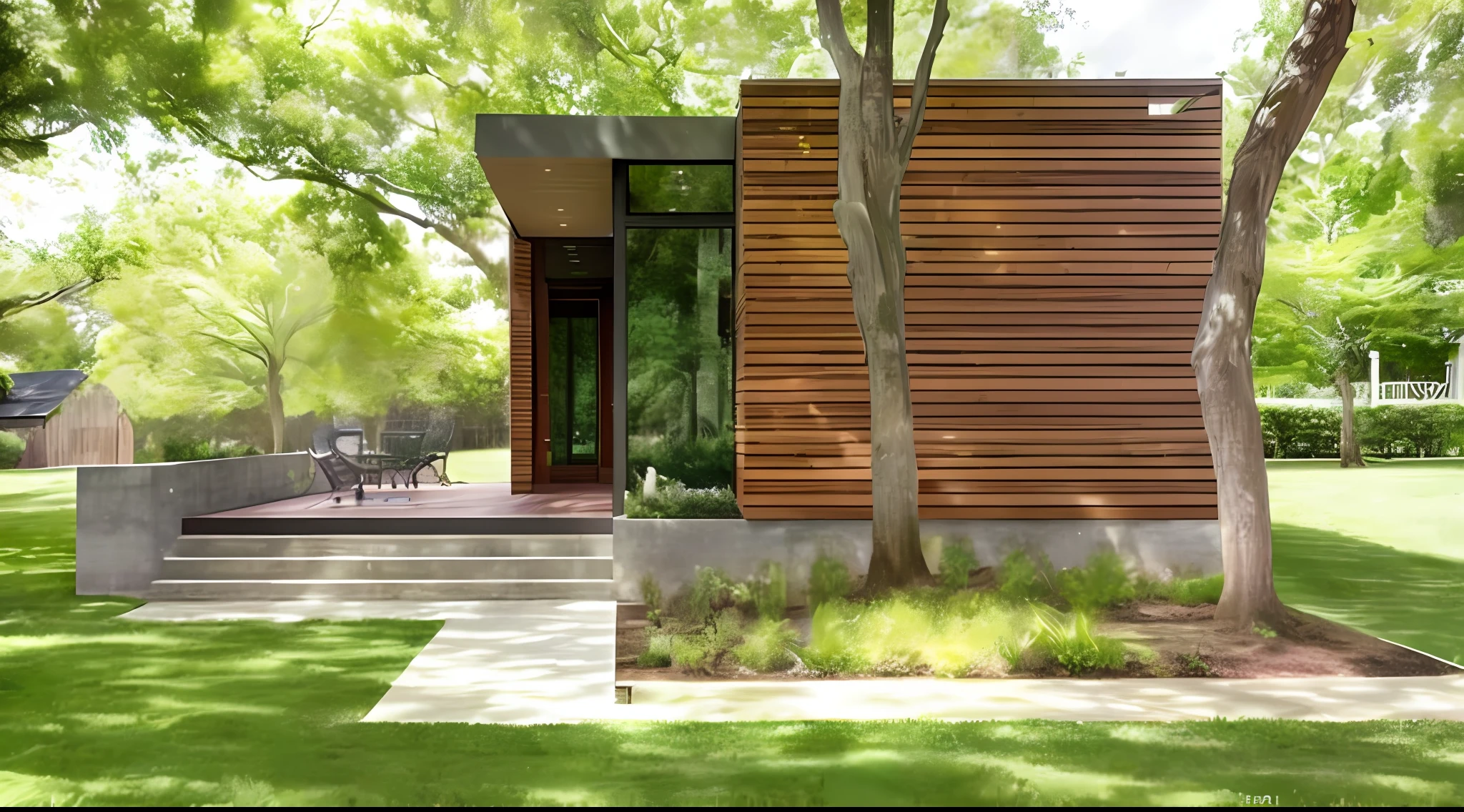 Relxation house, arround the gree grass and trees, dim light, hdr photogrsphy