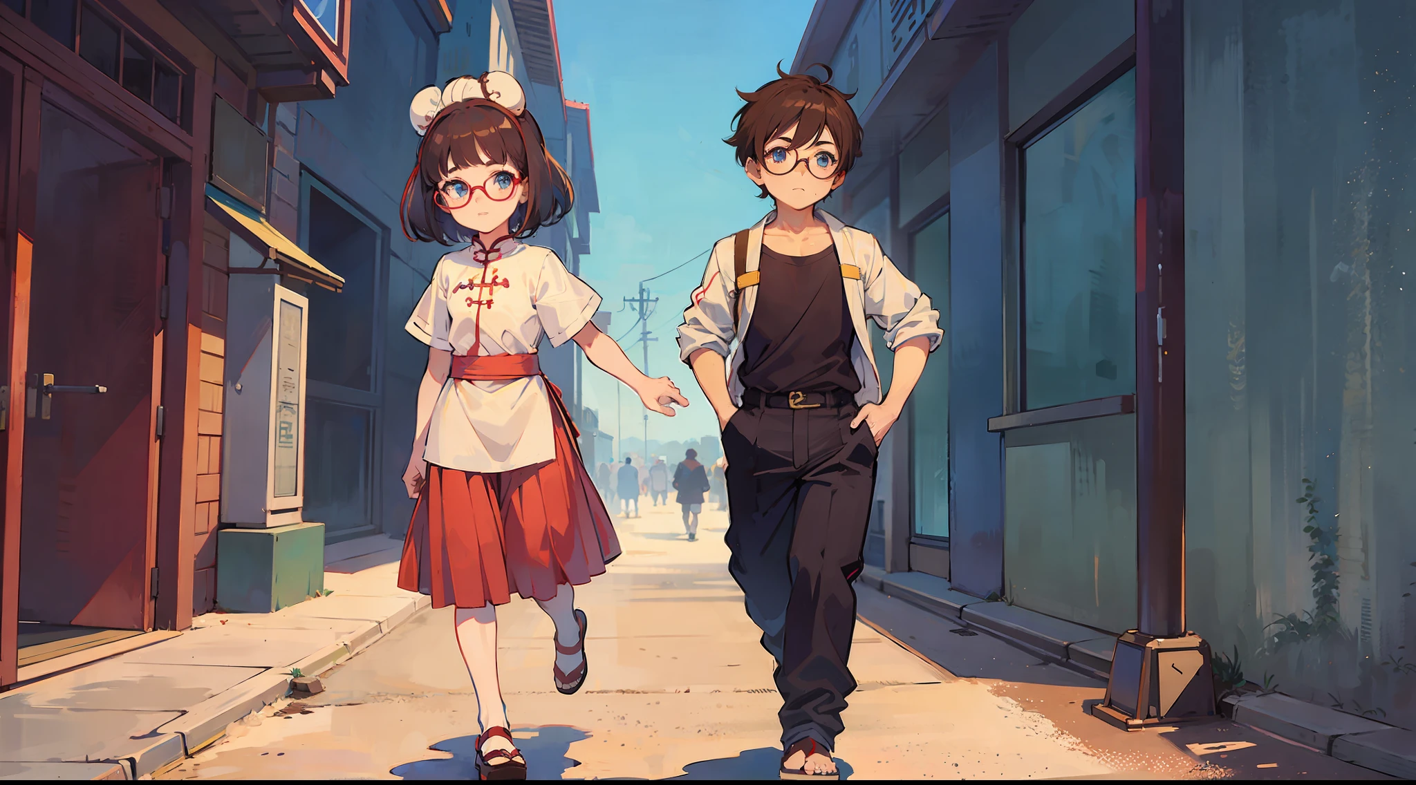Boy, Chinese style, anime, blue eyes, brown short hair, round glasses, retro 90s anime style, walking forward with buns in hand