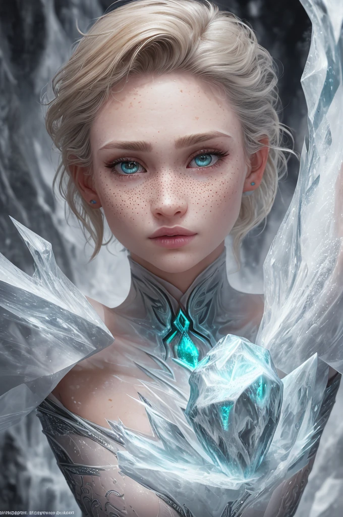 3d render, cgi, symetrical, octane render, 35mm, intricate details, hdr, intricate details, hyperdetailed, natural skin texture, hyperrealism, sharp,
1 girl, adult woman, portrait, freckles, solo, dark blonde wedge cut hair,
(style-swirlmagic:1.0), portrait, looking at viewer, solo, half shot, detailed background, close up, cold grey eyes, detailed face, (frozen arctic winter theme:1.1) crystal mage, levitating, dynamic pose, ice themed clothes, rocks floating in the air, glowing rocks, surrounded by white magical minerals, emerald, stalagmites, crystalline pattern, magical floating particles, icy canyon background, magical cinematic atmosphere,