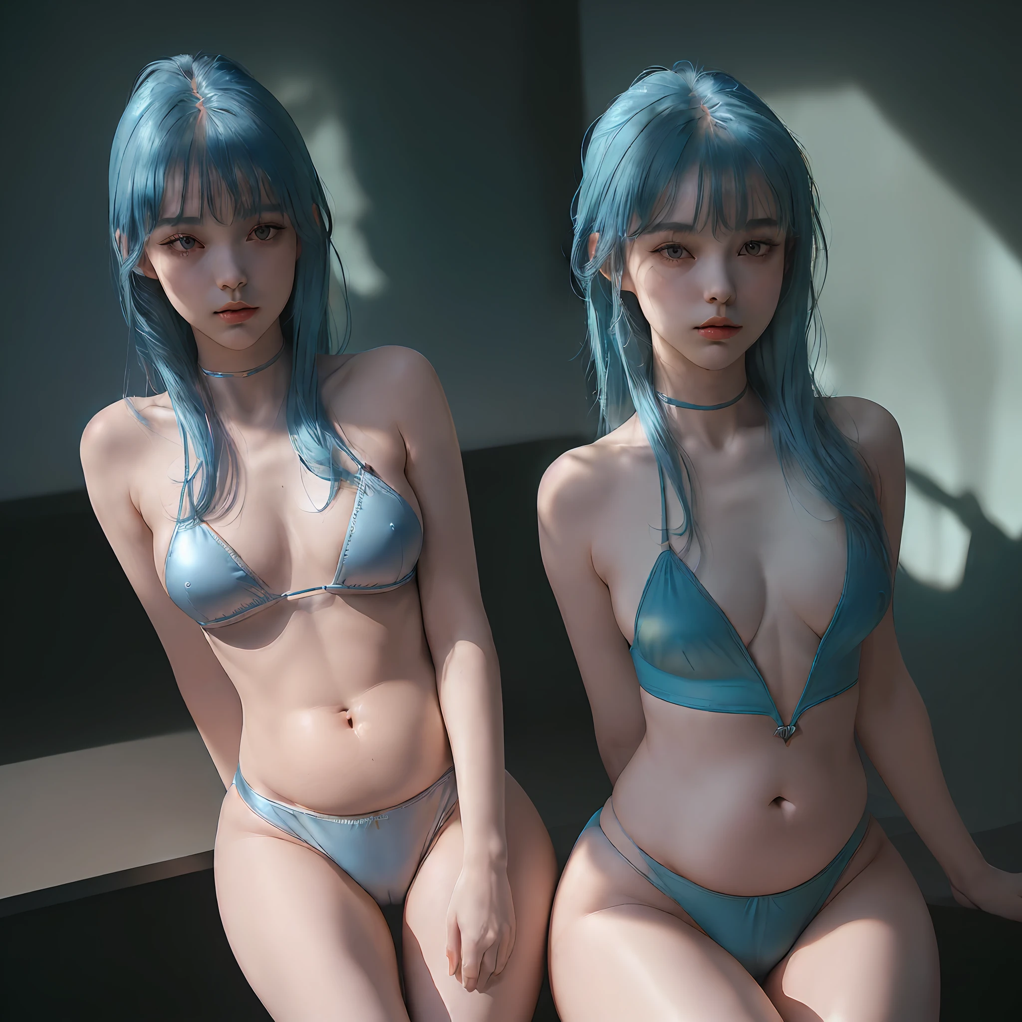 (best resolution), (8k), (masterpiece), (detailed shading), ((full body point of view)) 1 girl in bikini (thin, tight strands, metallic blue) lying looking lewdly at the viewer (round and feminine face), lips (thick, damp), (((large chest))+((large head))+((small body)),blue hair (bangs, neck length), eyes (large, green, outline, long eyelashes), small shoulders, ((narrow hip)), belly (wide, curvy), (very thin legs), (cameltoe) in a dark office, dim light, very contrast shadow