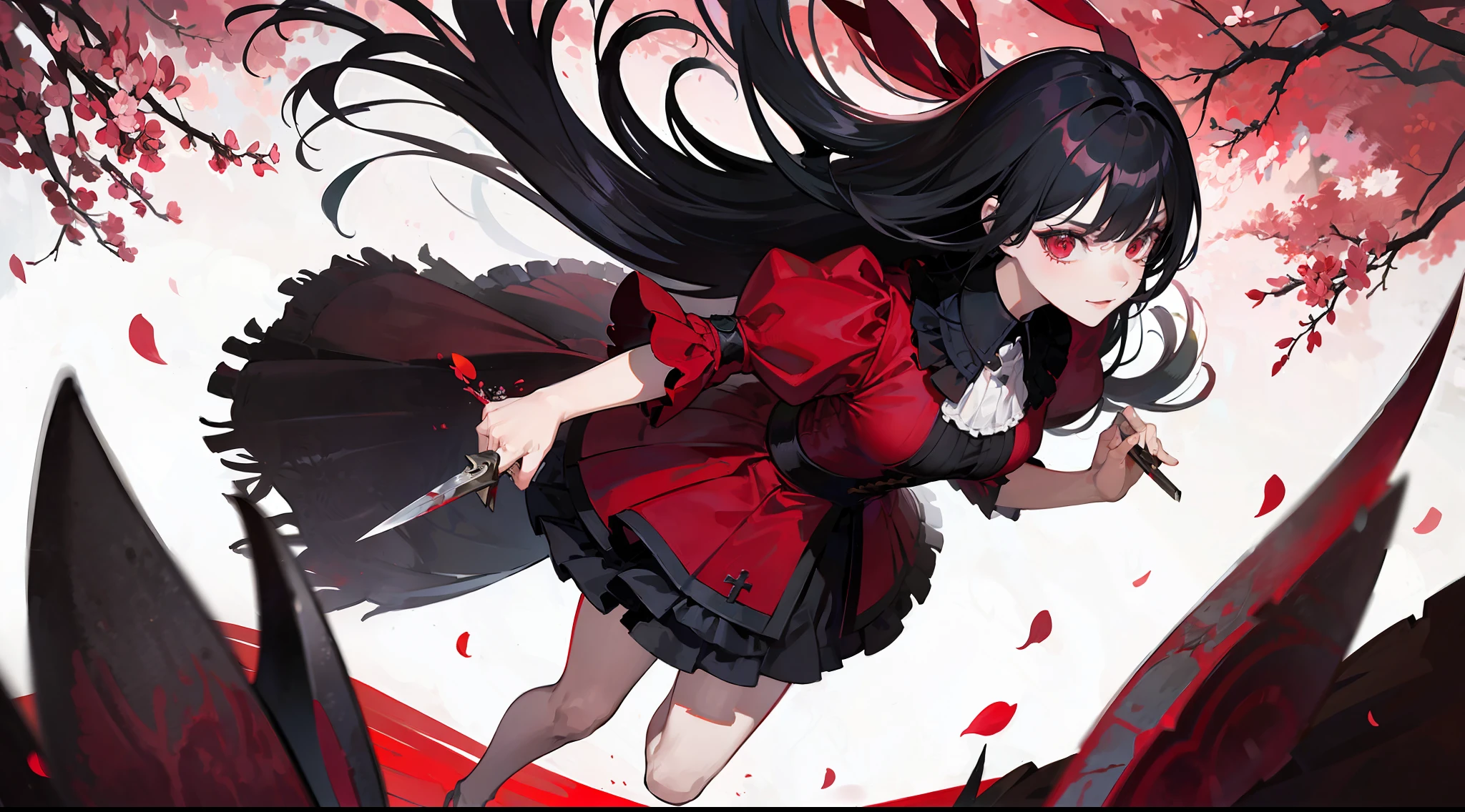 1girl, solo, black hair, red eyes, puffy sleeves, lush outfit, red and black dress, evil smile, ((a lot of knives, a knife in the hand, a lot of blood, a lot of legs around the character, knives,)) flying, black stone, feet on cross, leaning forward, hand in camera, splash art, official art, detailed background, red and black background, trees, burgundy sakura, burgundy petals, burgundy leaves, the whole body is visible