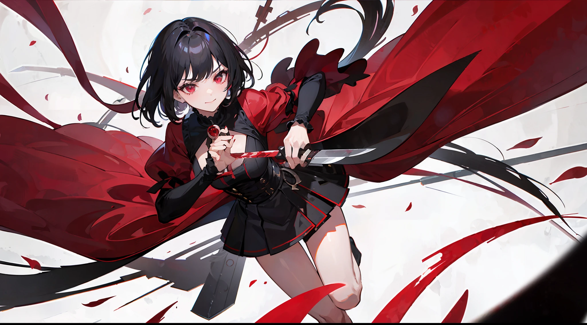 1girl, solo, black hair, red eyes, puffy sleeves, lush outfit, red and black dress, evil smile, ((a lot of knives, a knife in the hand, a lot of blood, a lot of legs around the character, knives,)) flying, black stone, feet on cross, leaning forward, hand in camera, splash art, official art, detailed background, red and black background, trees, burgundy sakura, burgundy petals, burgundy leaves, the whole body is visible