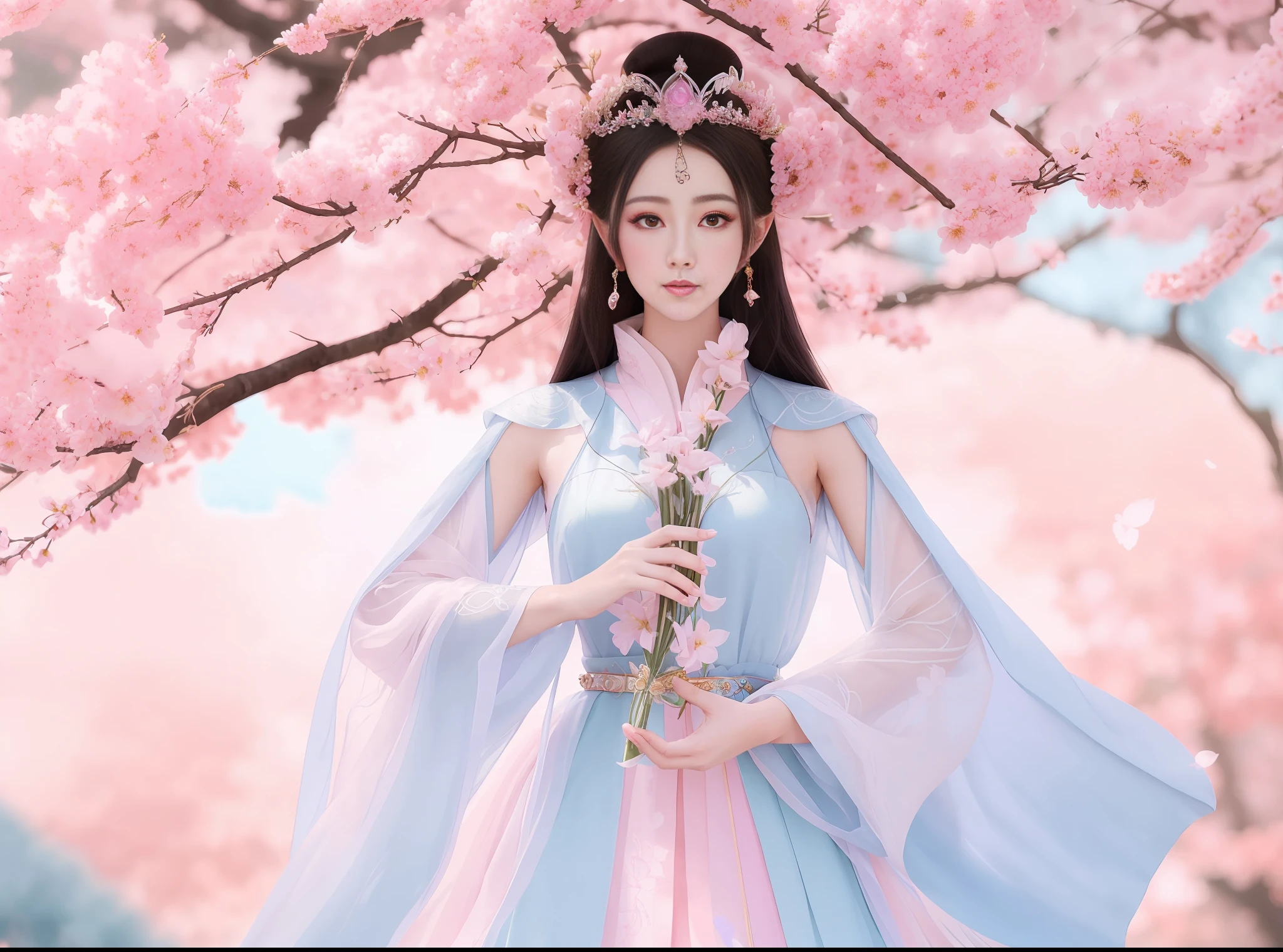 a close up of a woman in a dress with a flower in her hand, a beautiful fantasy empress, ((a beautiful fantasy empress)), beautiful celestial mage, beautiful and elegant elf queen, beautiful character painting, full body xianxia, portrait knights of zodiac girl, by Yang J, g liulian art style, fantasy art style