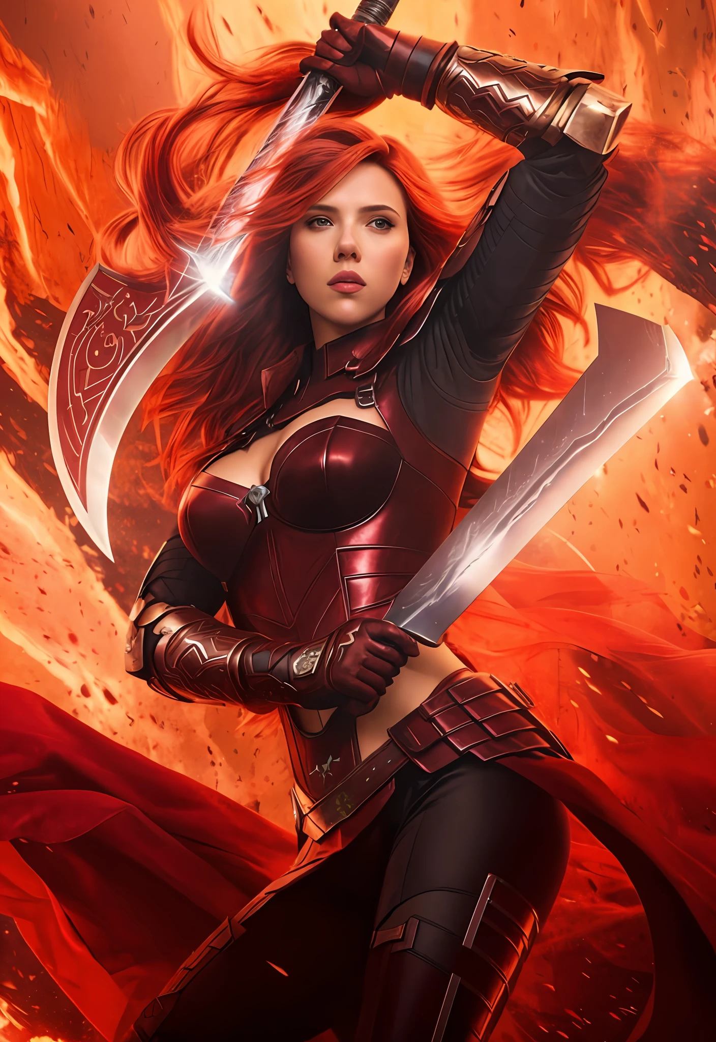 Actress Scarlett Johansson, wine hair, armor, power sword.