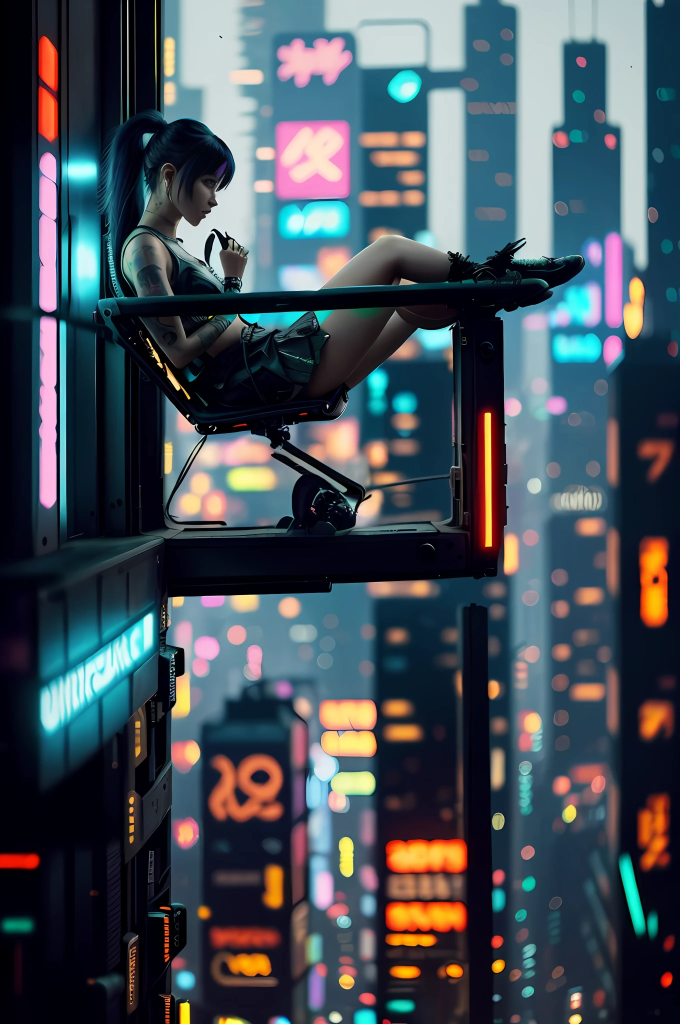 there is a woman sitting on a chair in the middle of a city, in a cyberpunk setting, in cyberpunk style, cyberpunk art style, in cyberpunk city, dreamy cyberpunk girl, cyberpunk photo, hyper-realistic cyberpunk style, cyberpunk 2 0 y. o model girl, the cyberpunk apartment, cyberpunk in a cyberpunk city, cyberpunk beautiful girl, cyberpunk art ultrarealistic 8k