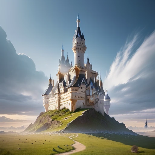 an ant hill Castle-shaped, with a wind mill design in glossy white color, with some visual effects, fantasy, ambiance hd, HDR, 4k upscale