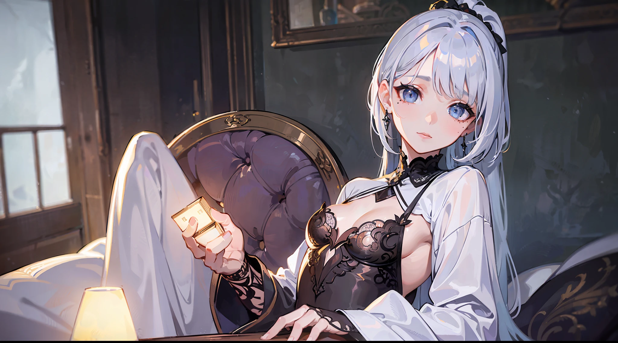(best quality, masterpiece: 1.2), ultra-high resolution, realistic, front lighting, intricate details, exquisite details and textures, 1girl, solo, (young), face illumination, upper body, detailed face, tear mole, white skin, silver hair, ponytail, pigtail hair, looking at the viewer, big eyes, silk robe, (hollow pattern, white, silk), earrings, small breasts, slim body, luxury room, professional lighting, photon display, radio, physical rendering,