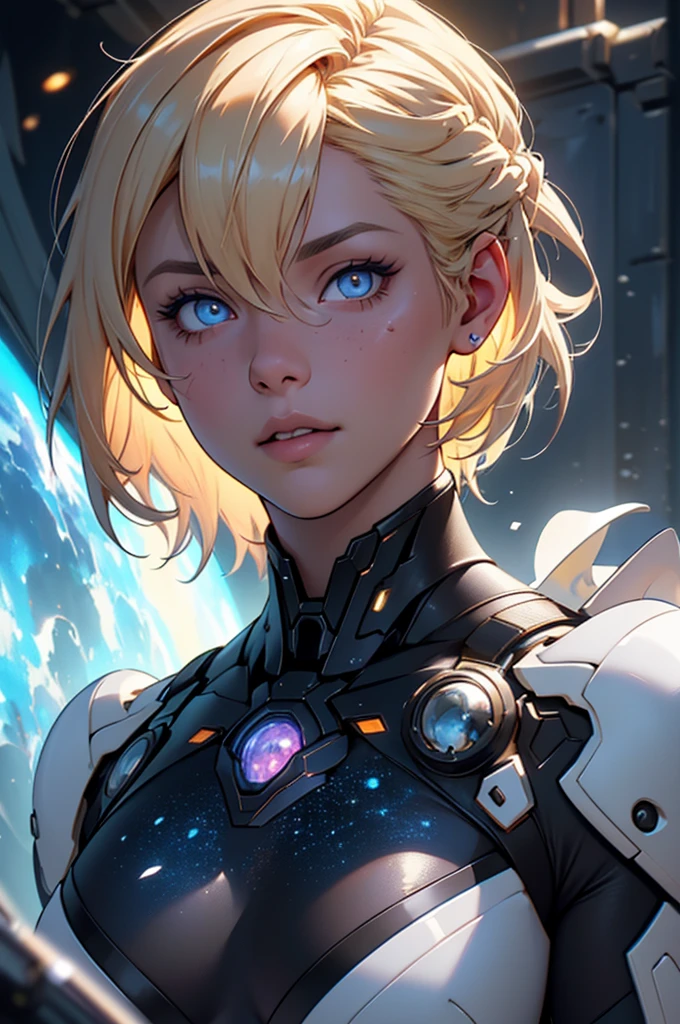 Highly detailed RAW color photo, beautiful young woman, short blonde hair, dynamic pose, (wide hips), (detailed skin), (detailed lips), (detailed eyes), (cosmic: 1.4), (necropolis: 1.1), (science fiction setting) (detailed face), (curvy), detailed eyes, chromatic aberration, depth of field, soft lighting, masterpiece, best quality, intricate, (lens reflection: 0.7), (flowering: 0.7), particle effects, ray tracing, tone mapping, highly detailed, concept art, smooth, sharp focus, dramatic lighting, highly detailed art, cinematic, hyper-realistic painting, trending on Artstation, 8K, amazing shadows, realistic, (highly detailed background: 1.2), mid-journey art