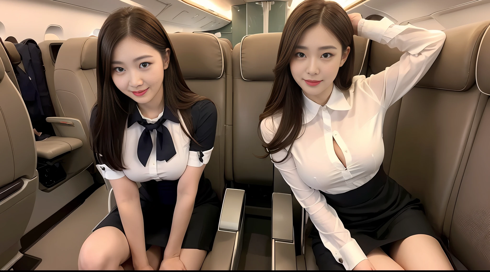 Masterpiece, seduction, short skirt, smile, flight attendant, long brown hair, airplane seat, beautiful breasts, hip skirt, big breasts without leaking points, high-definition facial features, 8K, double eyelids, delicate facial features