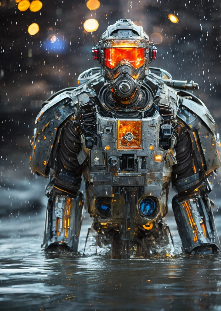 Portrait photo of transparent camo worn mech suit, ((light bokeh)), intricate, ((translucent) liquid water [rust]), elegant, sharp focus, photo by greg rutkowski, soft lighting, vibrant colors, masterpiece, ((streets)), detailed face