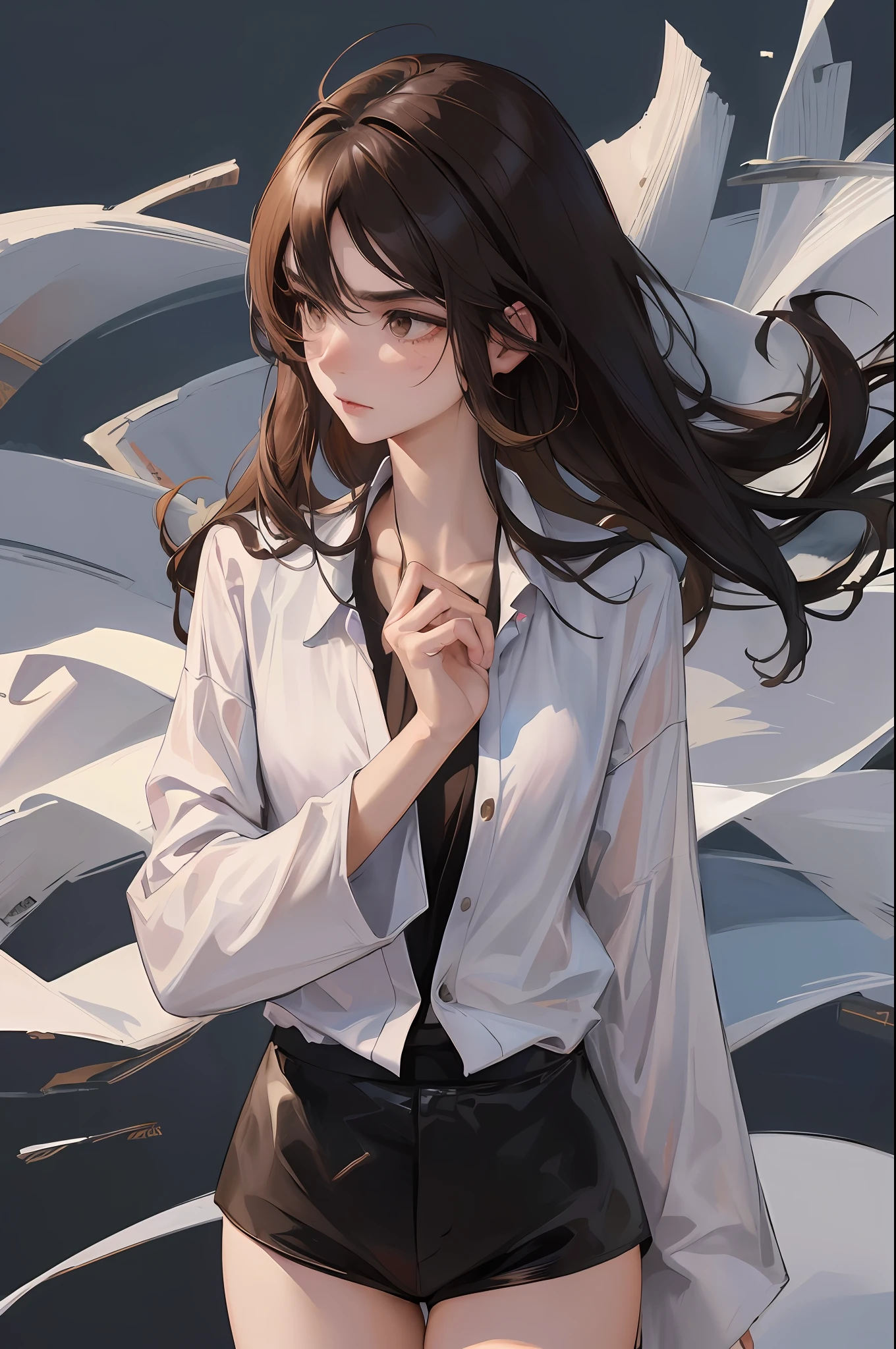 (highest resolution, distinct_image) best quality, Japanese style, Himekiri, feminine masterpiece, high detail, semi-realistic, (most of the body), black hair, bangs, 18 years old, young, black fit, black flight suit, stand up collar shirt, pointed face, (brown eyes, hair between the eyebrows), (plain white background), cold, frigid, serious, authoritative, powerful, (standing painting), (delicate facial features, delicate facial features)