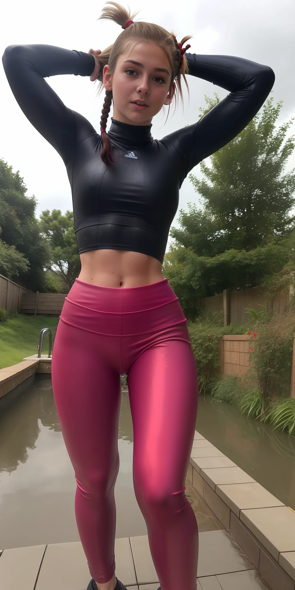 18 year old cute flirty brunette woman in ((wet leggings)), wet hair, standing in water, soaked, braless, red t-shirt, cold, aroused, camel toe, look surprised and, detail skin, (hair in ponytail:1.5), (very this clothing pulled very tight:1.1), wedgy, (navel), sexy tummy,