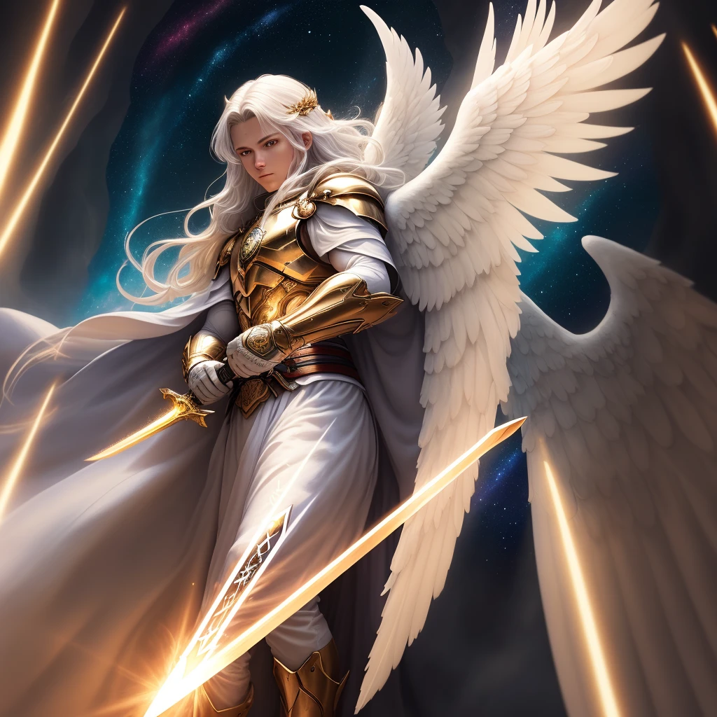 Angel made of light, various colors, sword in hand, 8k quality, cinematic focus, celestial backgroundangels human appearance, angelic, selestial, full body, beautiful, spiritual being, benevolent, with an aura on the head, sorindo, with radiant energy, archangel miguel style, galactic confederation, high quality, ultra-realistic, professional photography, human, master piece, clothing covering the whole body, perfect body, nothing duplicated,  a single sword in his right hand
