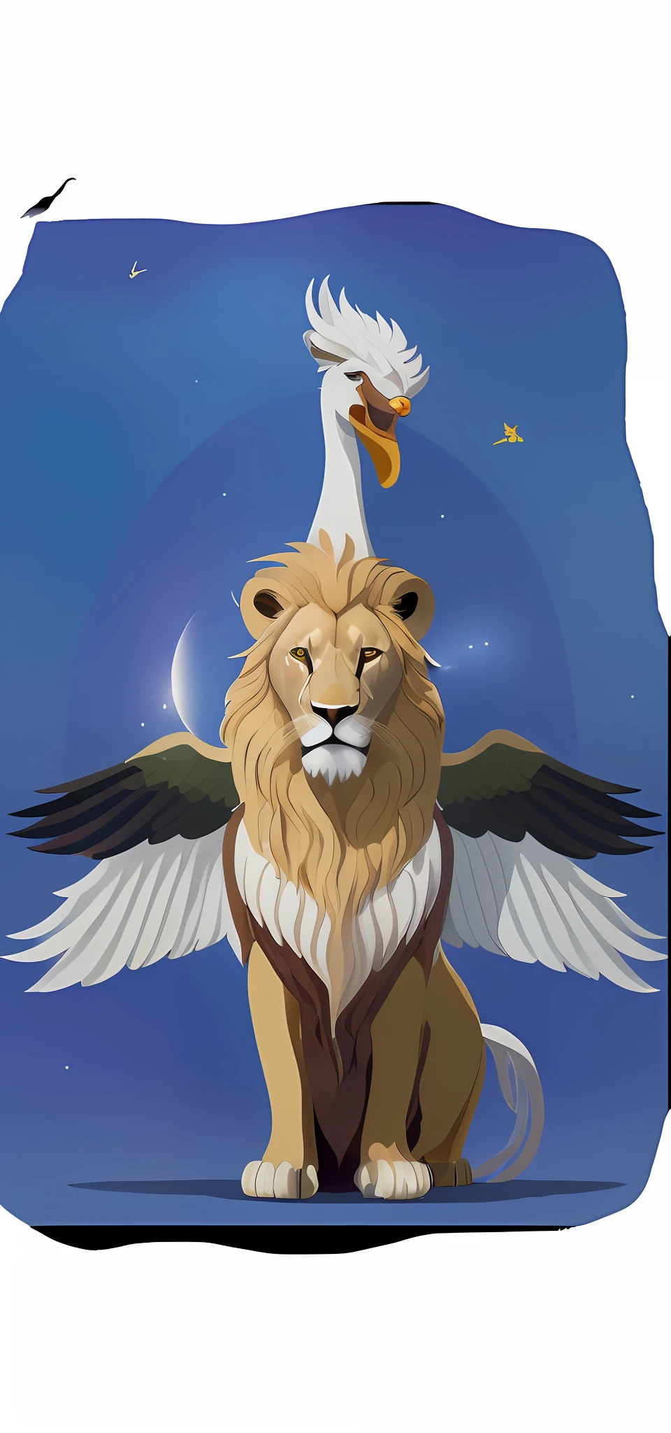 A closeup of a lion with a swan on its head, Ophanim has bird wings, 2D full-body lion, griffin, Aslan, the lion, emblem of wisdom, majestic wings, majestic pose, mythical creature, a mythical creature, with large wings, half lion, proud look, griffin style, striking a majestic pose, flying mythical beasts