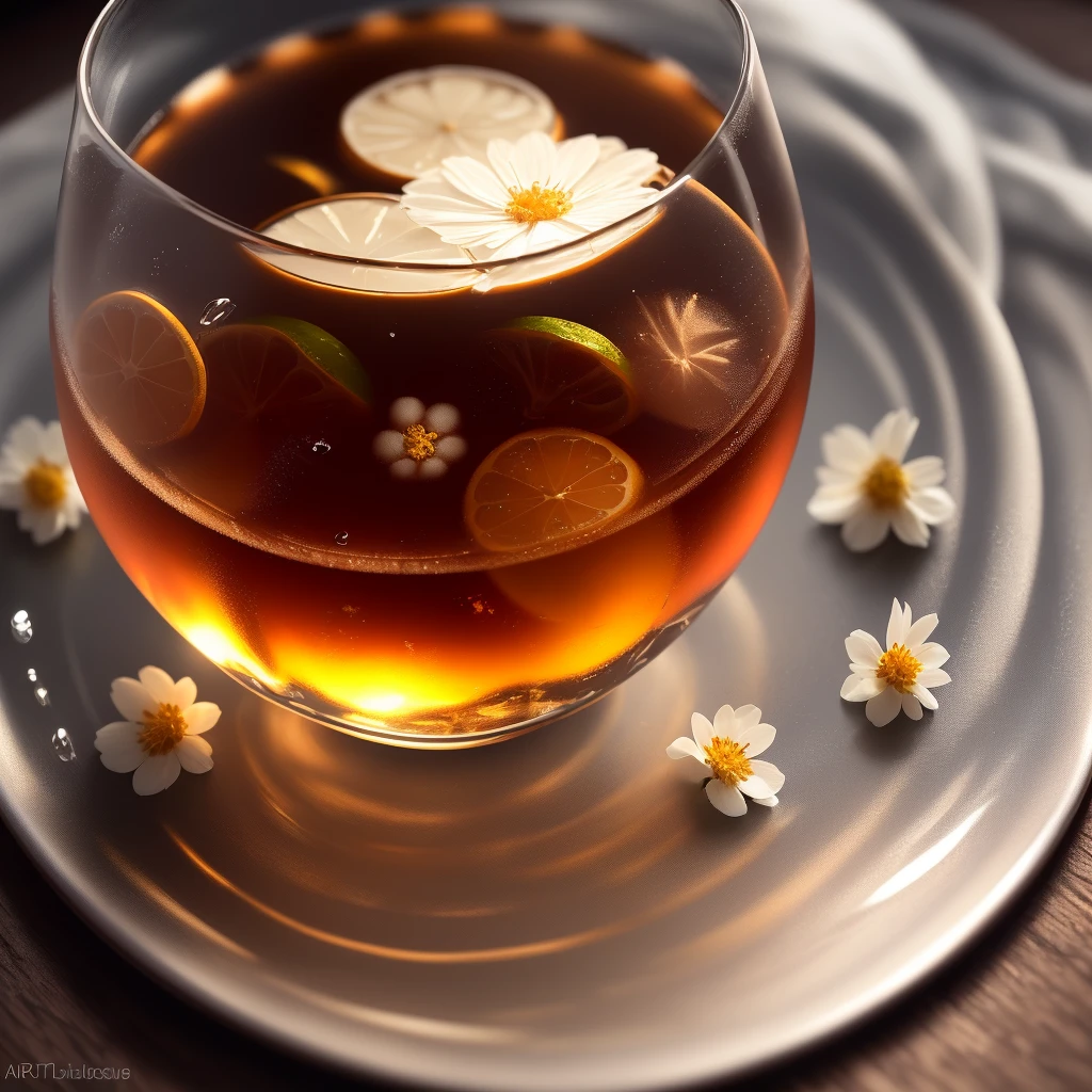 glass of kvass with ice, dripping water drops on glass, translucent liquid, ice cubes, wreath of wild flowers on picnic tablecloths, bright sun, midday outdoor lighting, open air, natural background, summer day, hot weather, high detail, very humid humidity, high brightness, wet watermarks, overdetail, super detail superdetailing, surrealism, soft light, studio lighting, diffuse soft light, shallow depth of field, sharp focus, bokeh effect, highly detailed glass reflection, ultra-thin (superfine, ultra-thin) (thin, fine, ultra-detailed), cinematic, surrealism, armature, best quality, ultra-high resolution (photorealistic: 1.4), high resolution, detail, raw photography, clear reproduction, stock camera, realistic texture, dramatic lighting, unreal engine, popular on artstation, macro