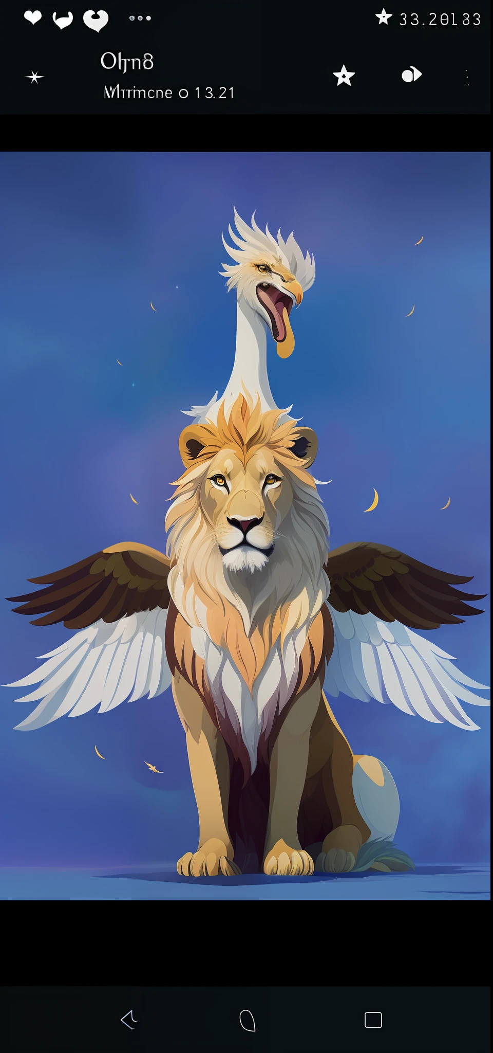 There is a picture of a lion with wings on its head, griffin, majestic wings, ophanim has bird wings, Greek myth digital painting, 2D full-body lion, real pose, majestic pose, real bird, avatar image, fan art, mythical creature, Aslan, the lion, colorful illustration, fantasy swan concept portrait